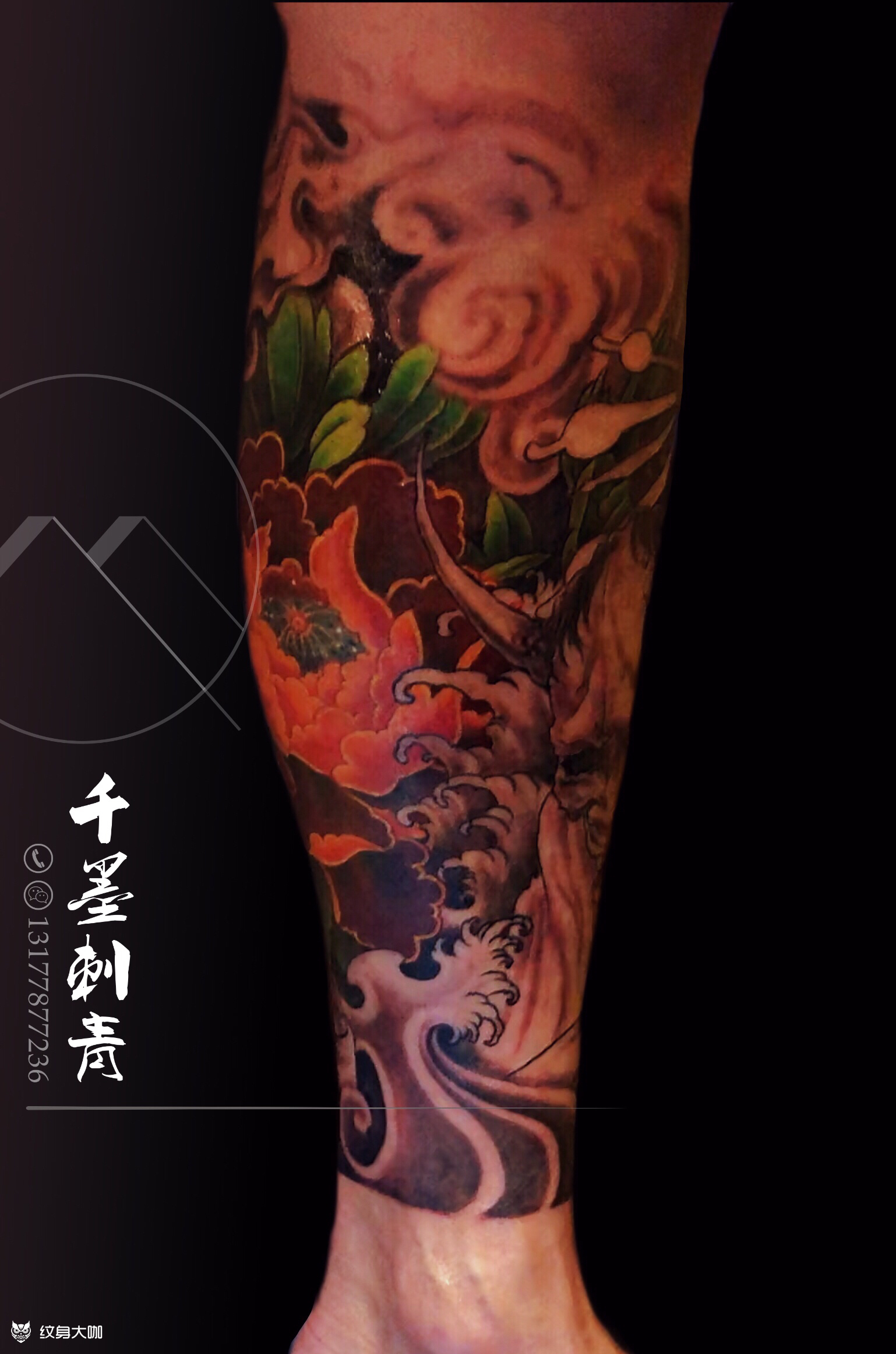 牡丹艺妓包小腿_纹身图案手稿图片_邓胜的纹身作品集