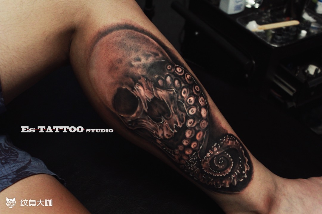 写实骷髅章鱼_纹身图案手稿图片_es tattoo studio的纹身作品集