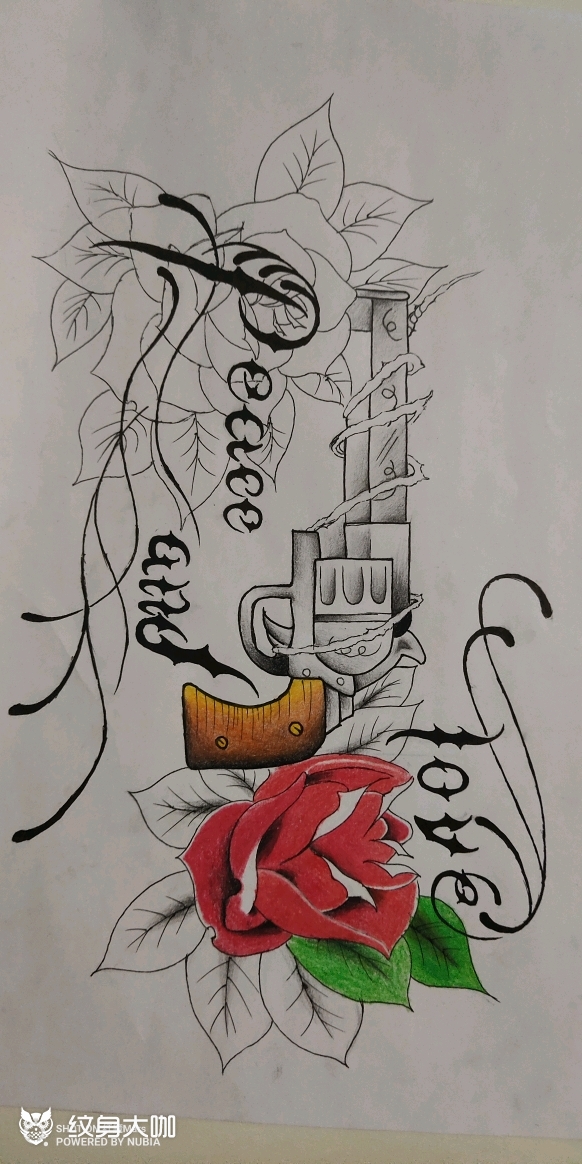 枪花_纹身图案手稿图片_圆柒的纹身作品集