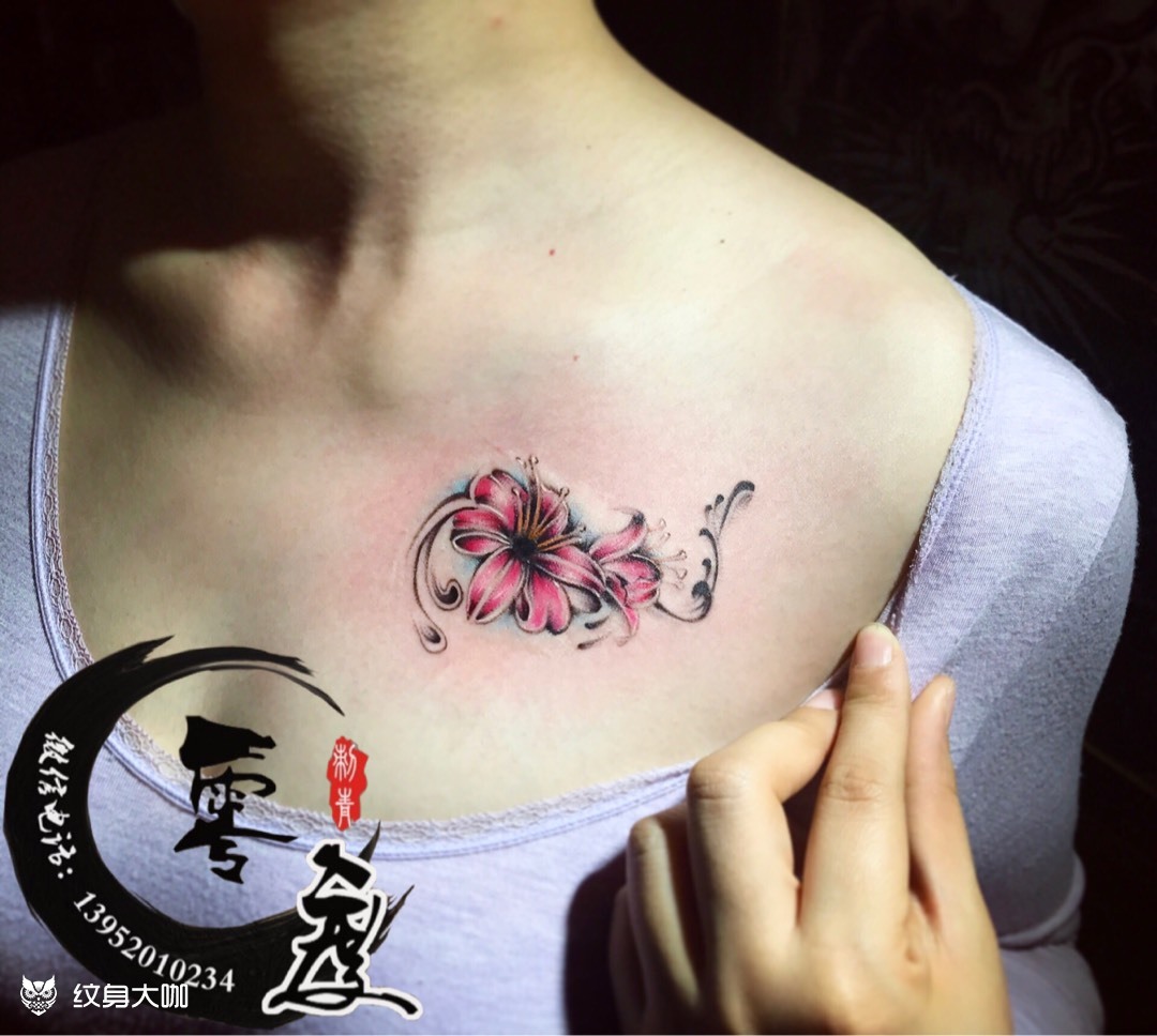 小清新纹身 牡丹花纹身 胸口