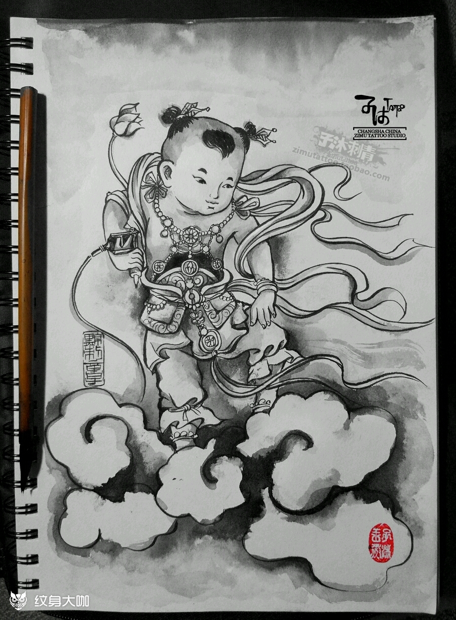 黥刺童子 神仙图_纹身图案手稿图片_长沙08子沐的
