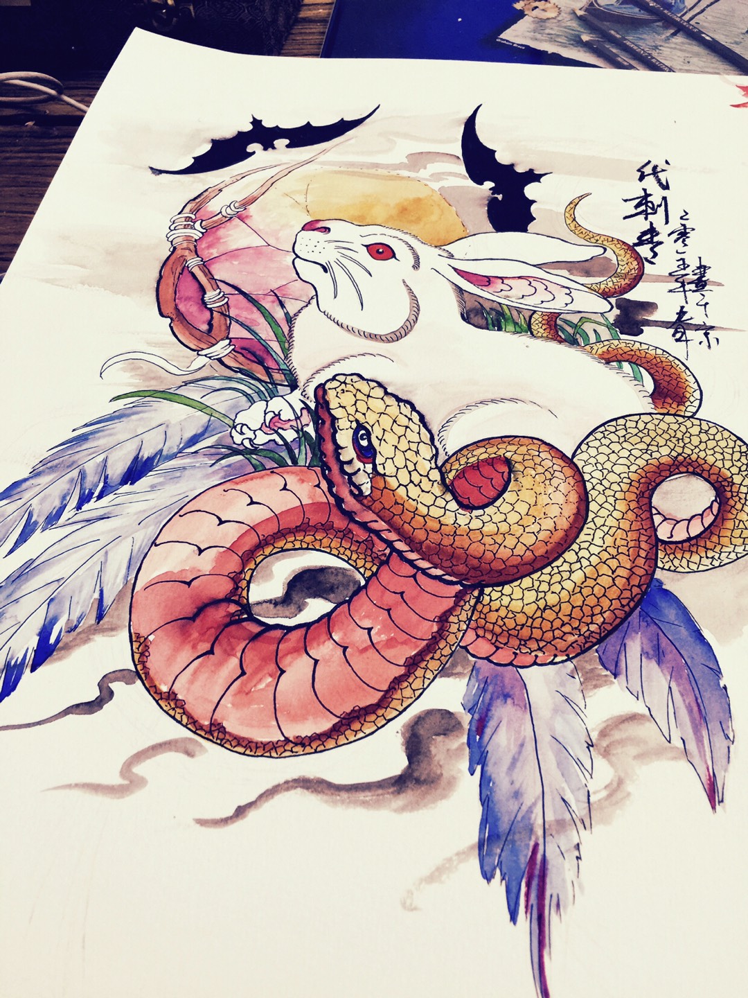 蛇盘兔_纹身图案手稿图片_代钢峰的纹身作品集
