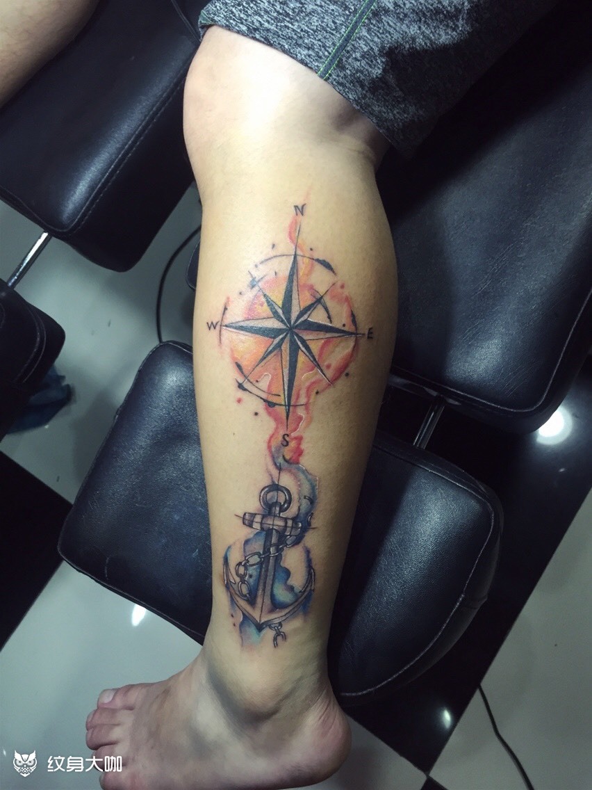 泼墨彩色指南针船锚_纹身图案手稿图片_va的纹身作品集