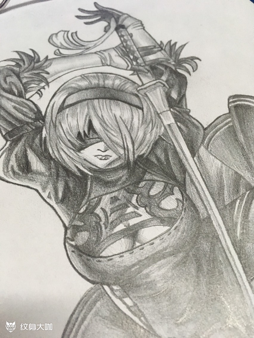 作品简介:2b小姐姐黑灰手稿,纹各类动漫人物形象及出手稿均有优惠哦.