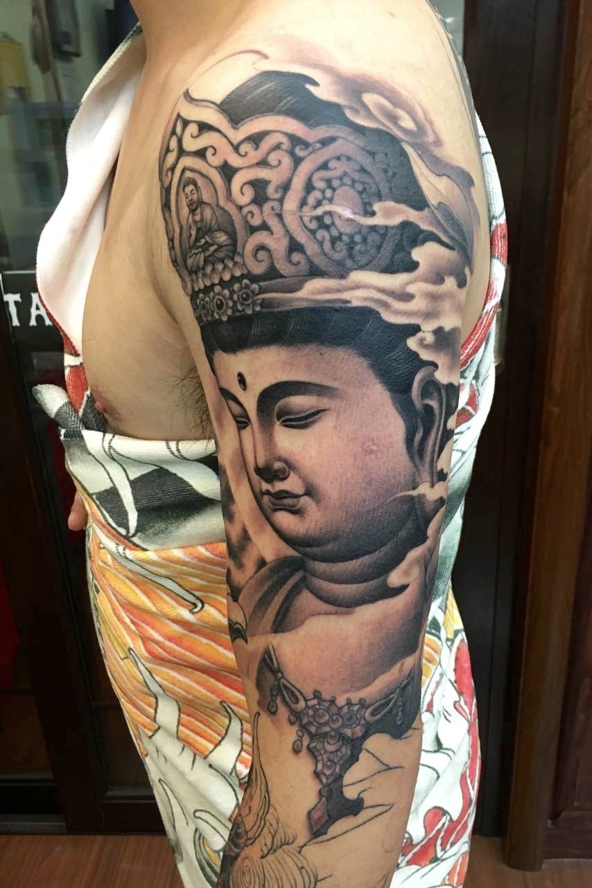 文殊菩萨花臂未完_纹身图案手稿图片_苏州龙之纹朱敦亮的纹身作品集