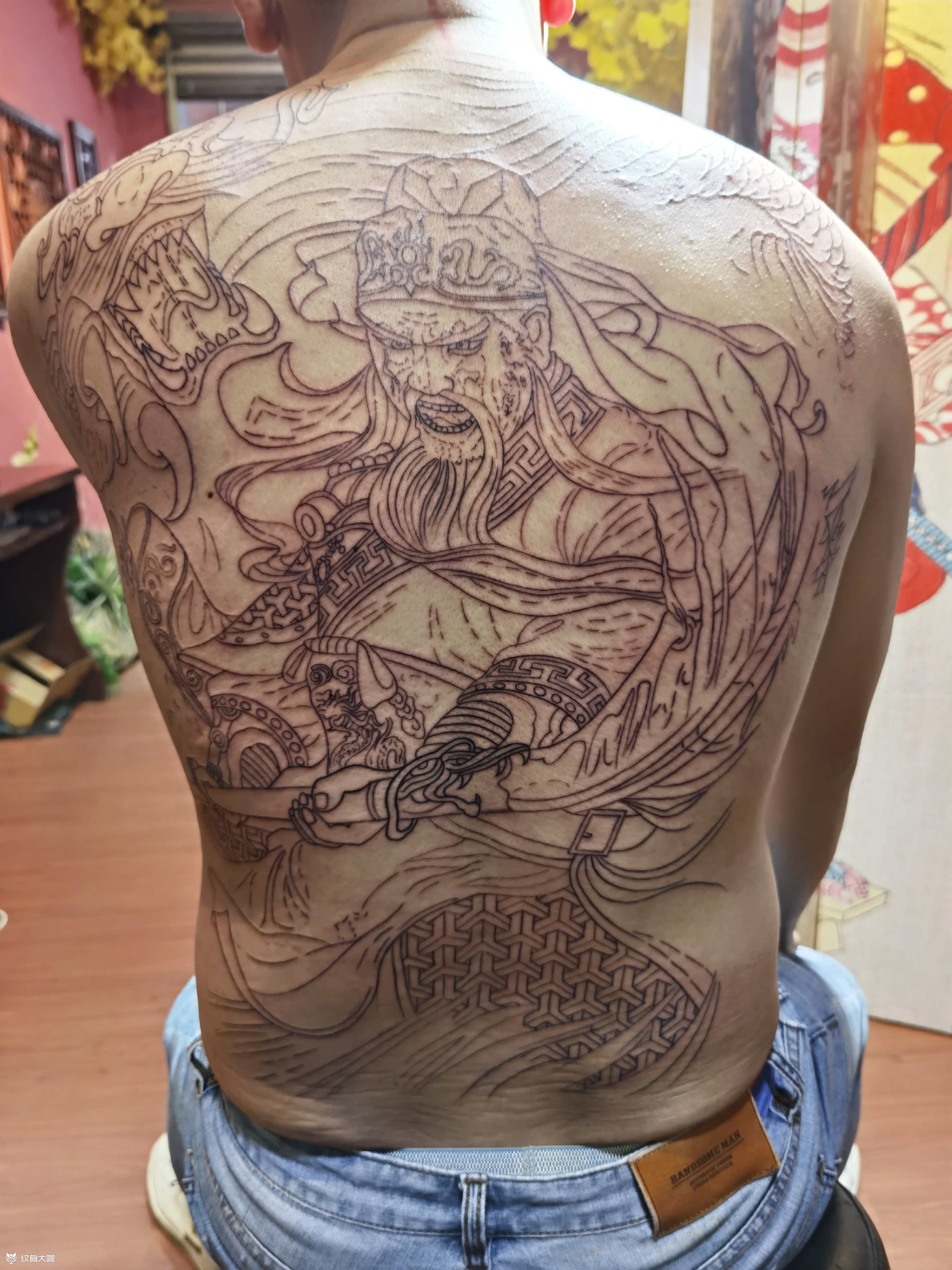 关公满背线条_纹身图案手稿图片_柱飞的纹身作品集