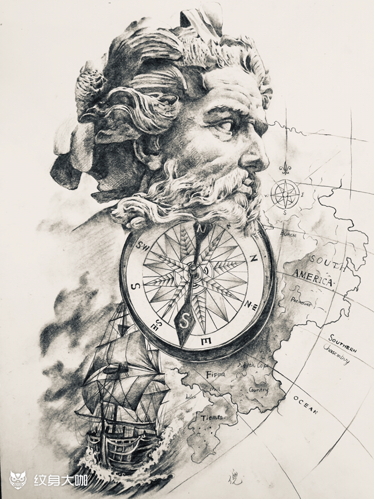 海神手稿一副,特适合花臂花腿_纹身图案手稿图片_倪壮胜的纹身作品集