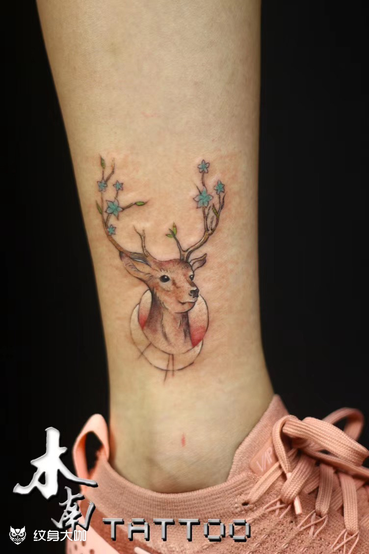 小腿小清新鹿_纹身图案手稿图片_田玥的纹身作品集