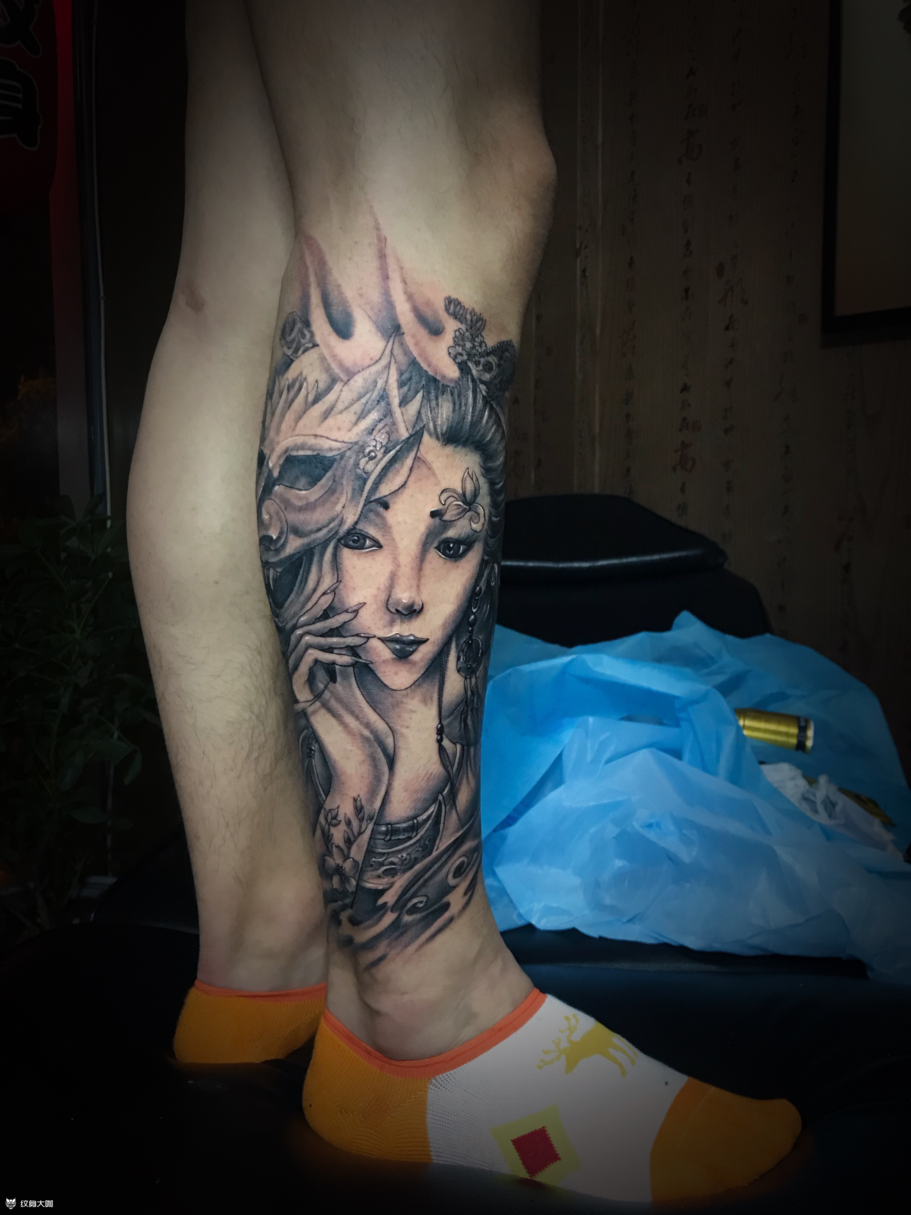 小腿艺伎_纹身图案手稿图片_洪生的纹身作品集