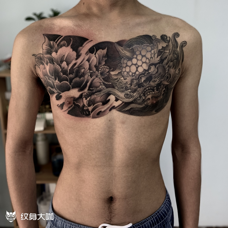 花胸唐狮77牡丹_纹身图案手稿图片_世森的纹身作品集