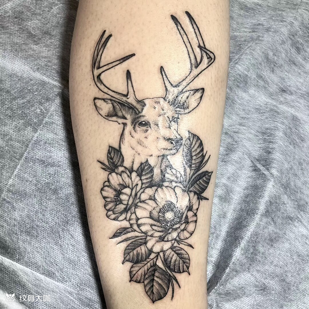 素花麋鹿_纹身图案手稿图片_朱君的纹身作品集