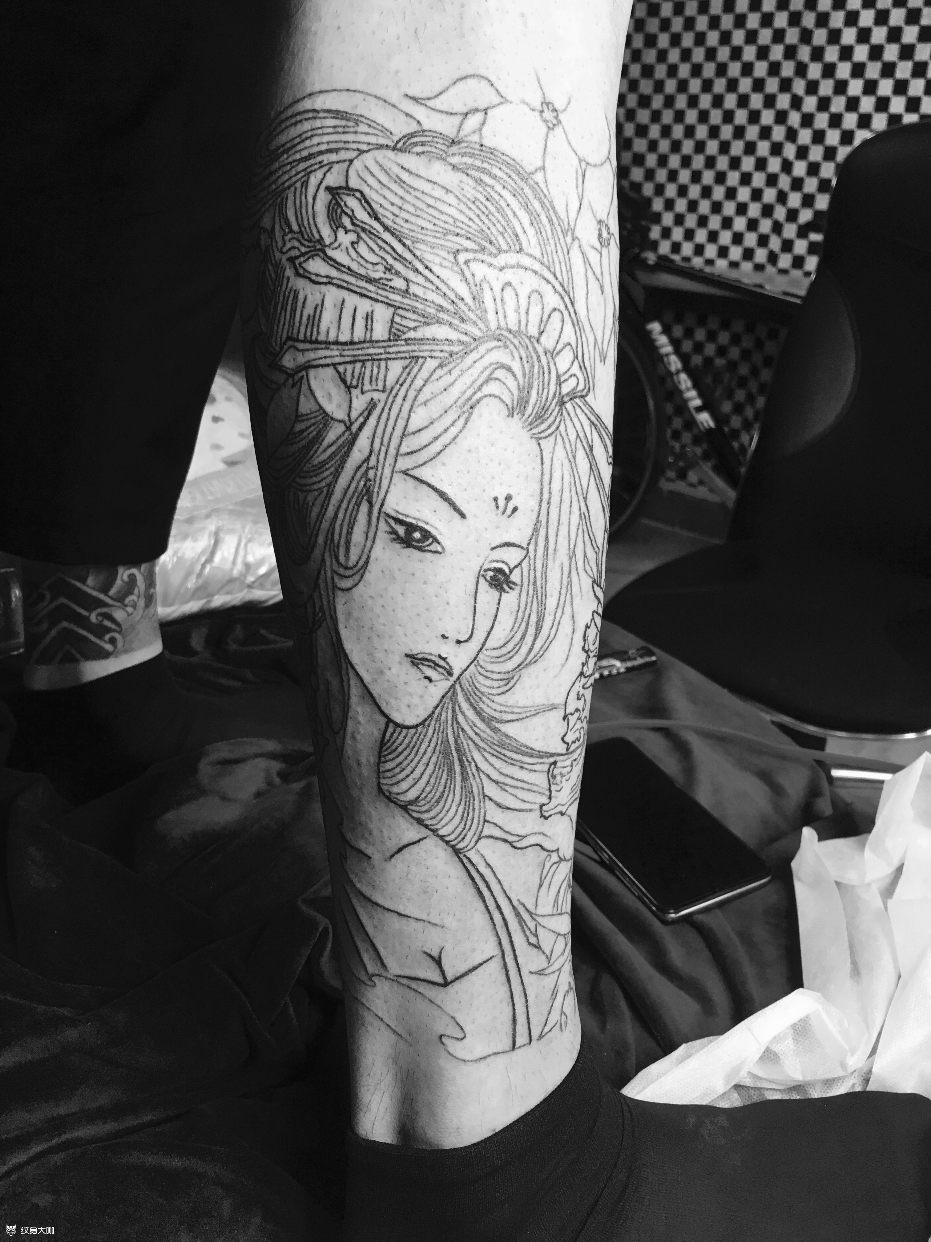 艺伎线条_纹身图案手稿图片_鞠万里的纹身作品集