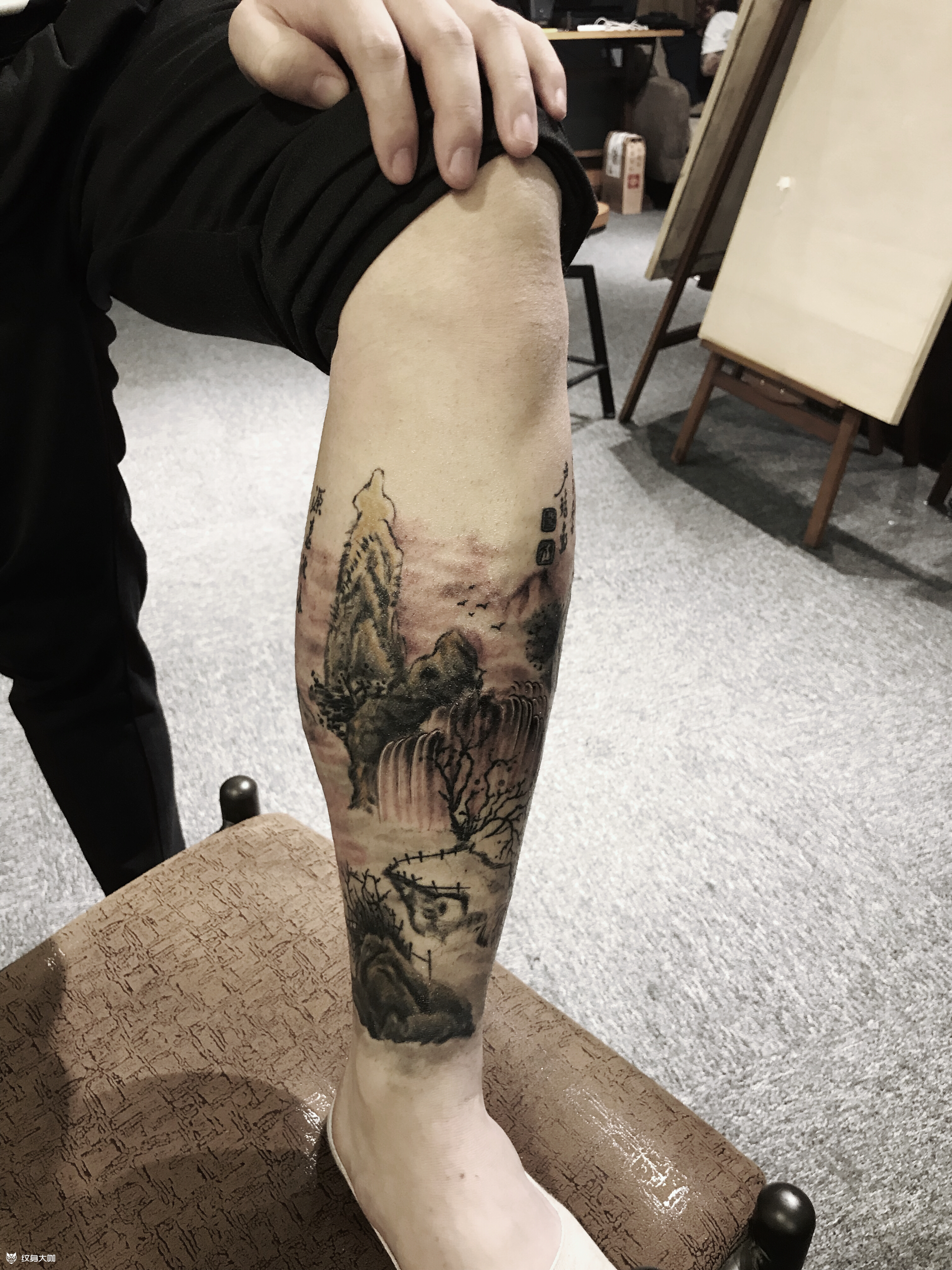 山水包小腿 恢复后效果_纹身图案手稿图片_小水的纹身作品集