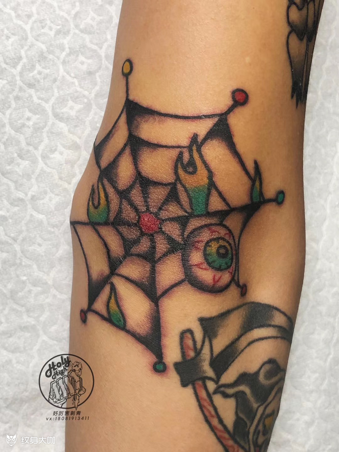 爆肘蜘蛛网_纹身图案手稿图片_好厉害哥哥(预约直接加微信)的纹身作品