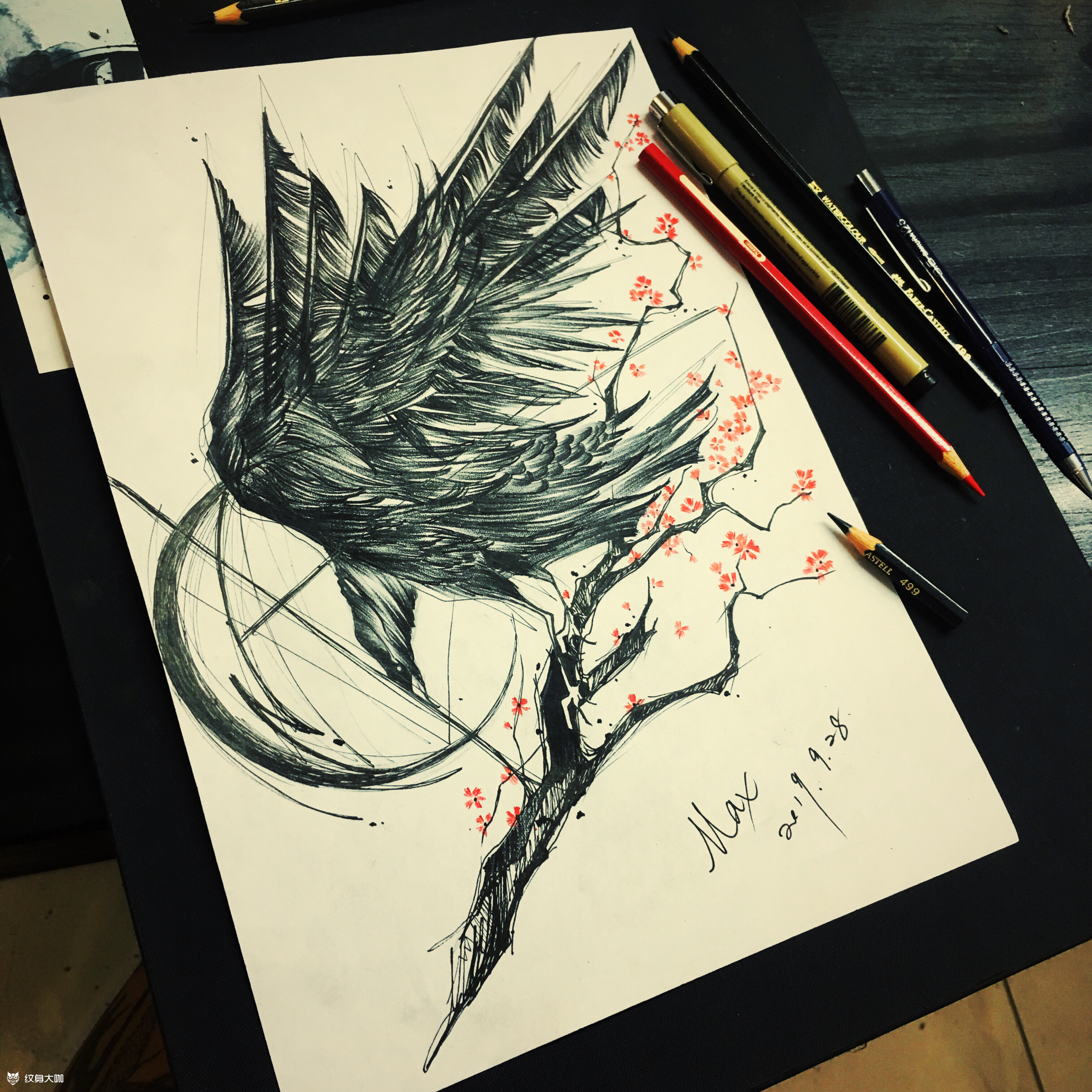 乌鸦_纹身图案手稿图片_max的纹身作品集