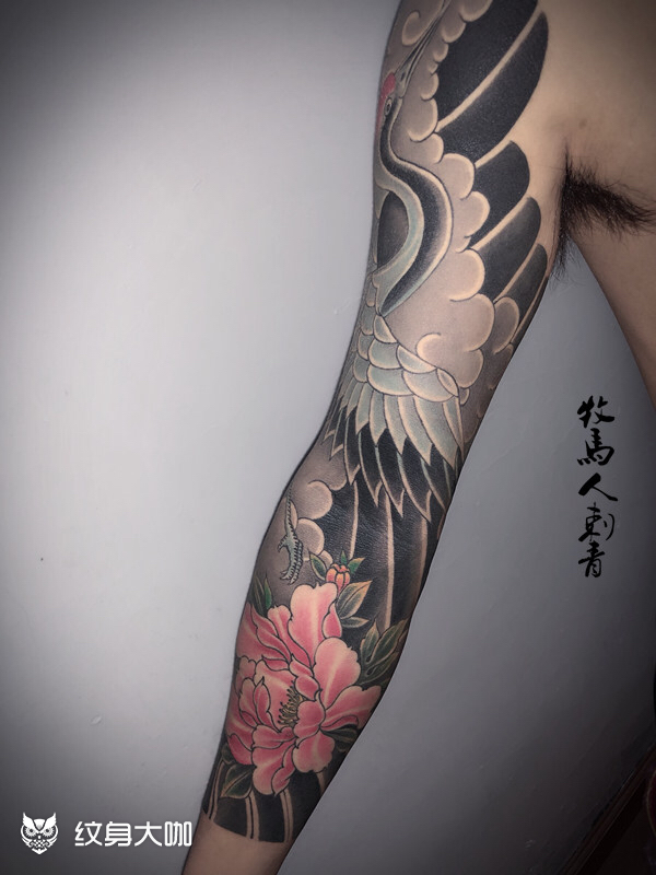 仙鹤纹身花臂手稿图片