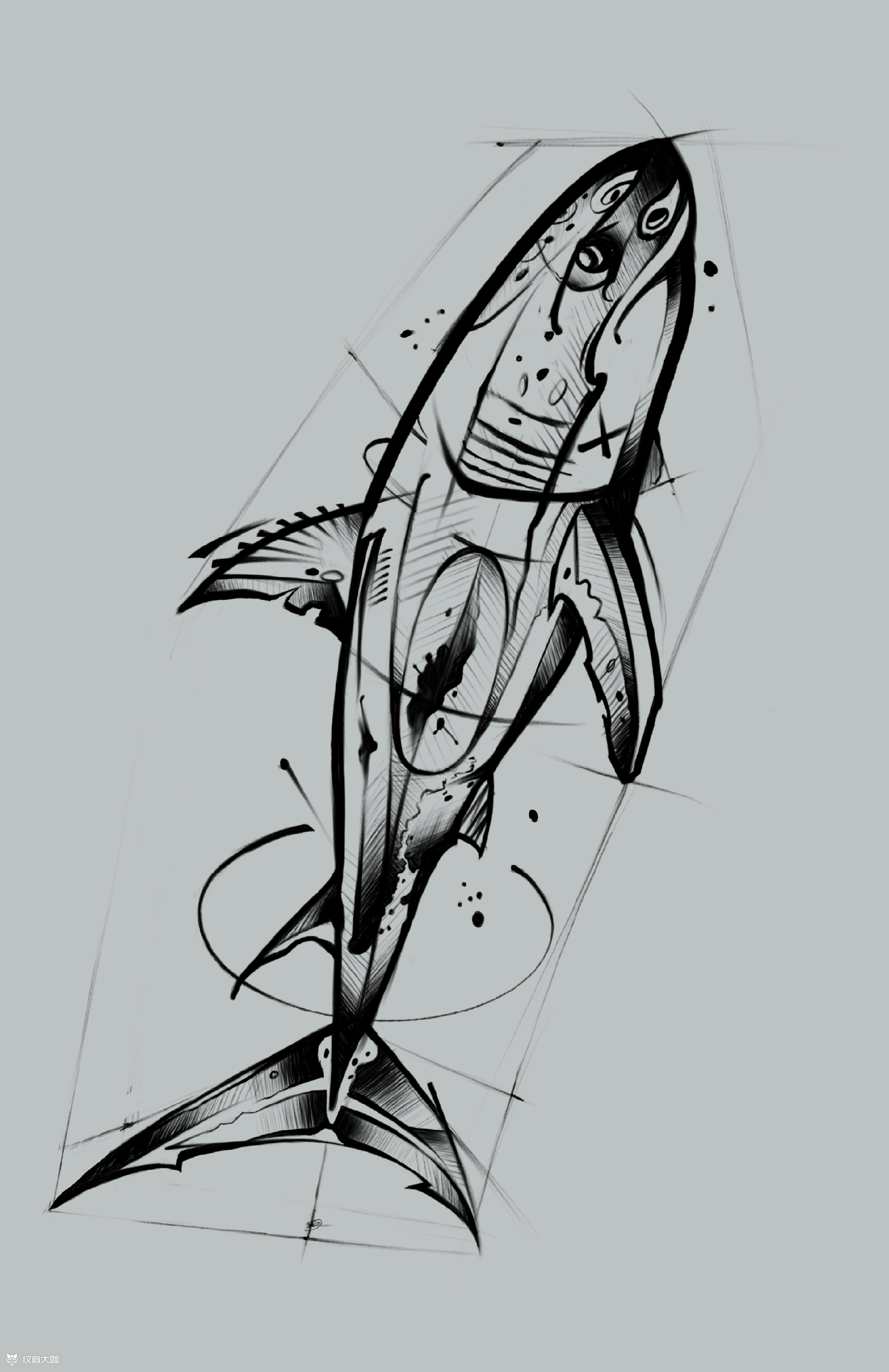 鲨鱼纹身手稿线条图片