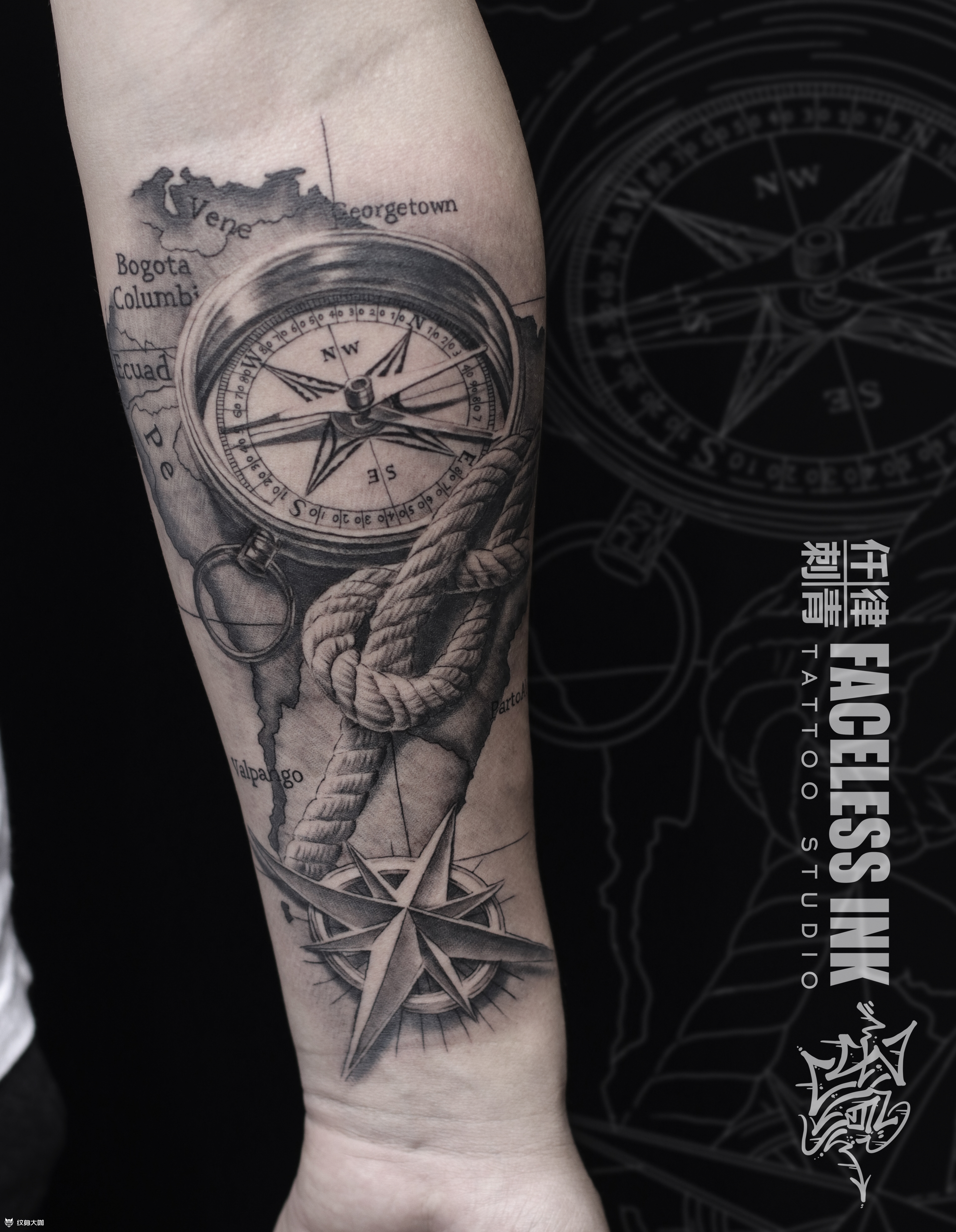 指南针地图_纹身图案手稿图片_faceless ink黄子源的纹身作品集