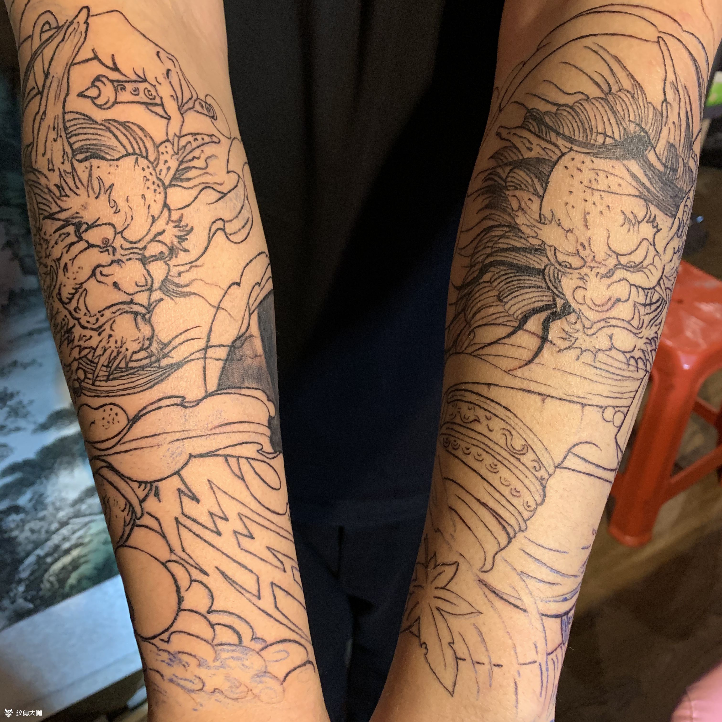 风神雷神接花臂未完_纹身图案手稿图片_刘沐阳的纹身作品集