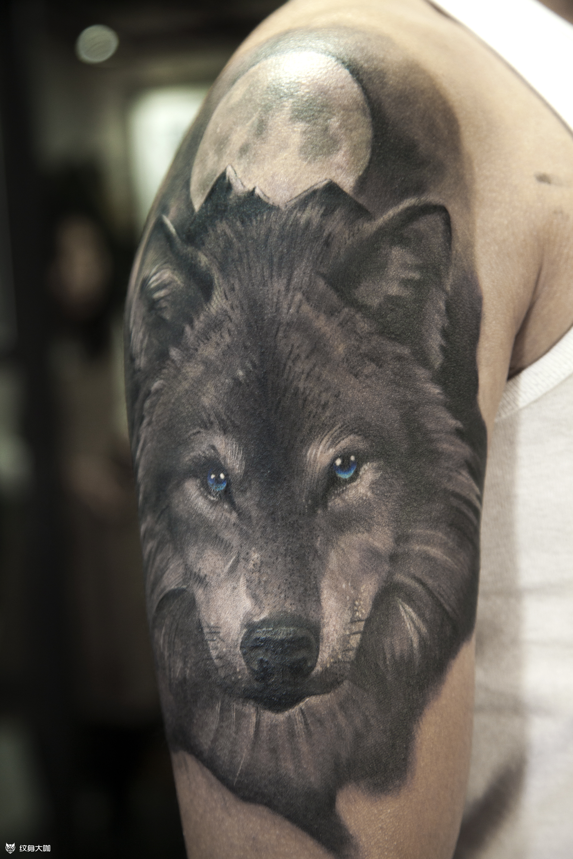 作品简介:写实风格的狼纹身.