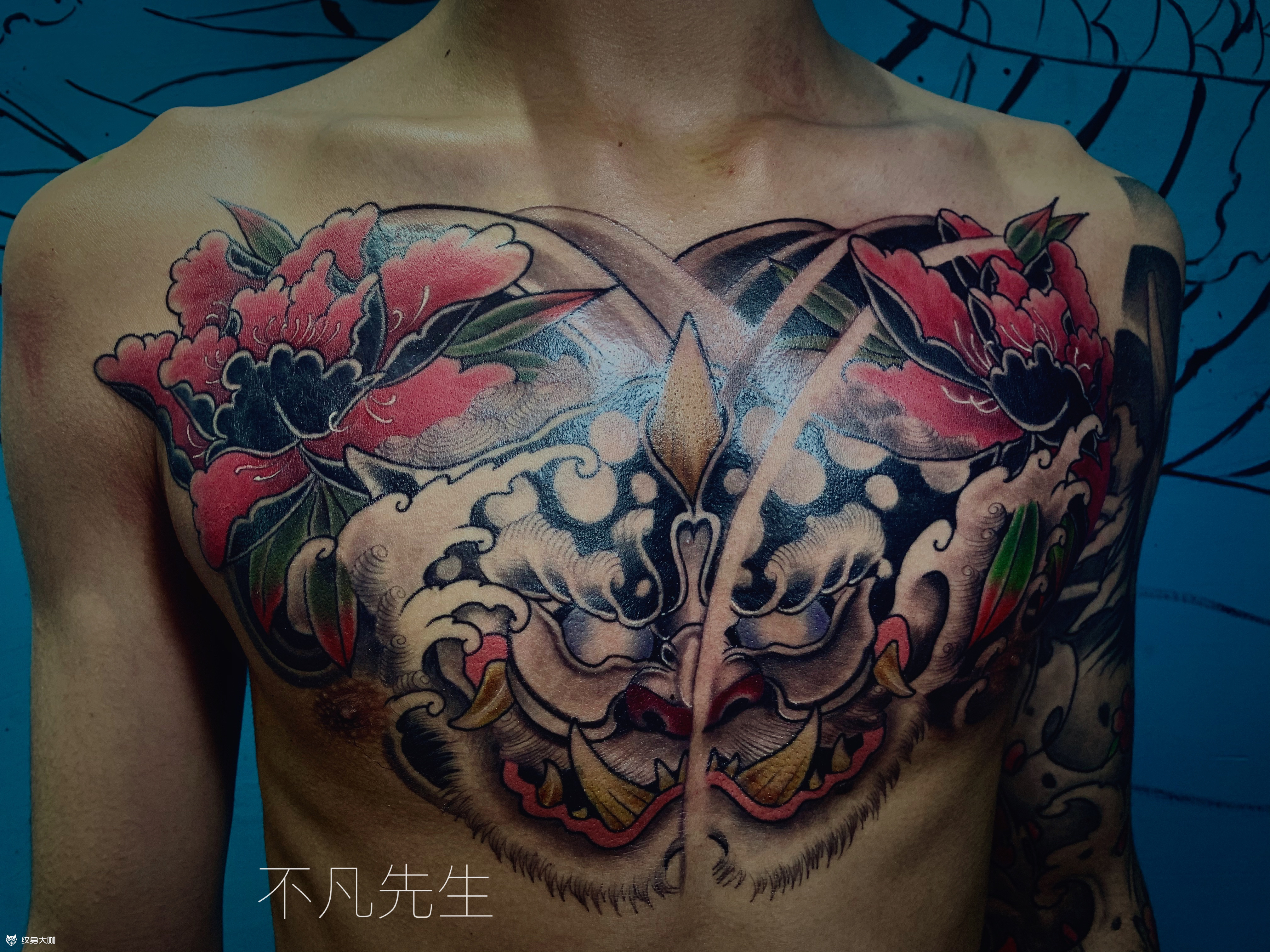 唐狮牡丹花胸_纹身图案手稿图片_杨彬彬的纹身作品集