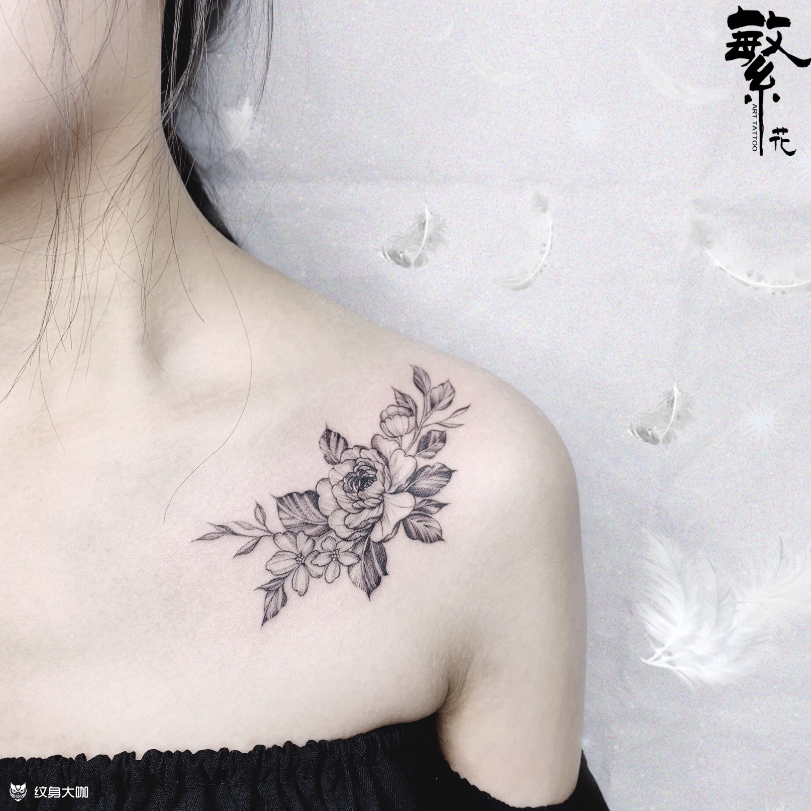 肩素花_纹身图案手稿图片_周一方的纹身作品集