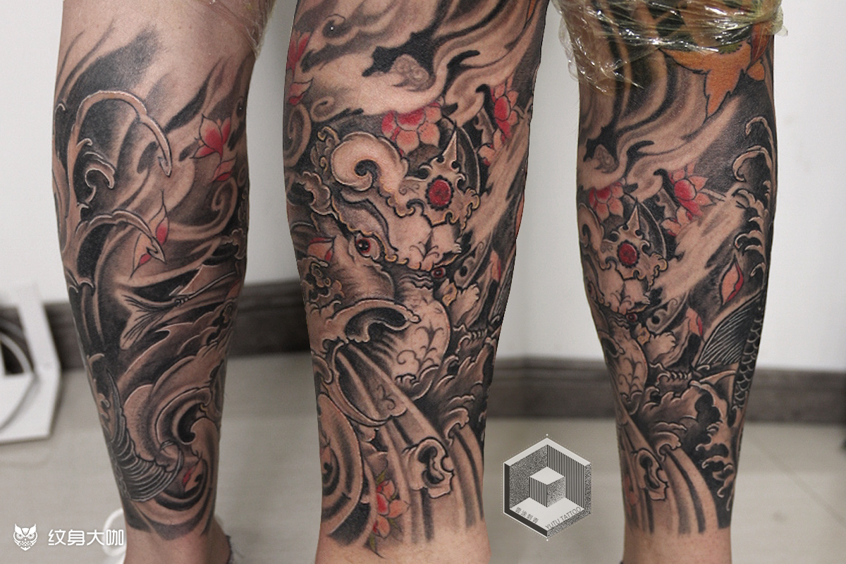 传统象神修改老纹身包小腿_纹身图案手稿图片_程程joy的纹身作品集