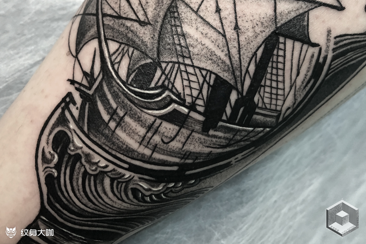 点刺帆船细节_纹身图案手稿图片_程程joy的纹身作品集