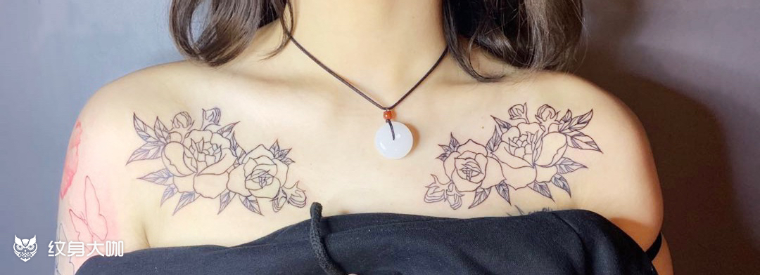 锁骨下胸前玫瑰花未完_纹身图案手稿图片_刘沐阳的纹身作品集