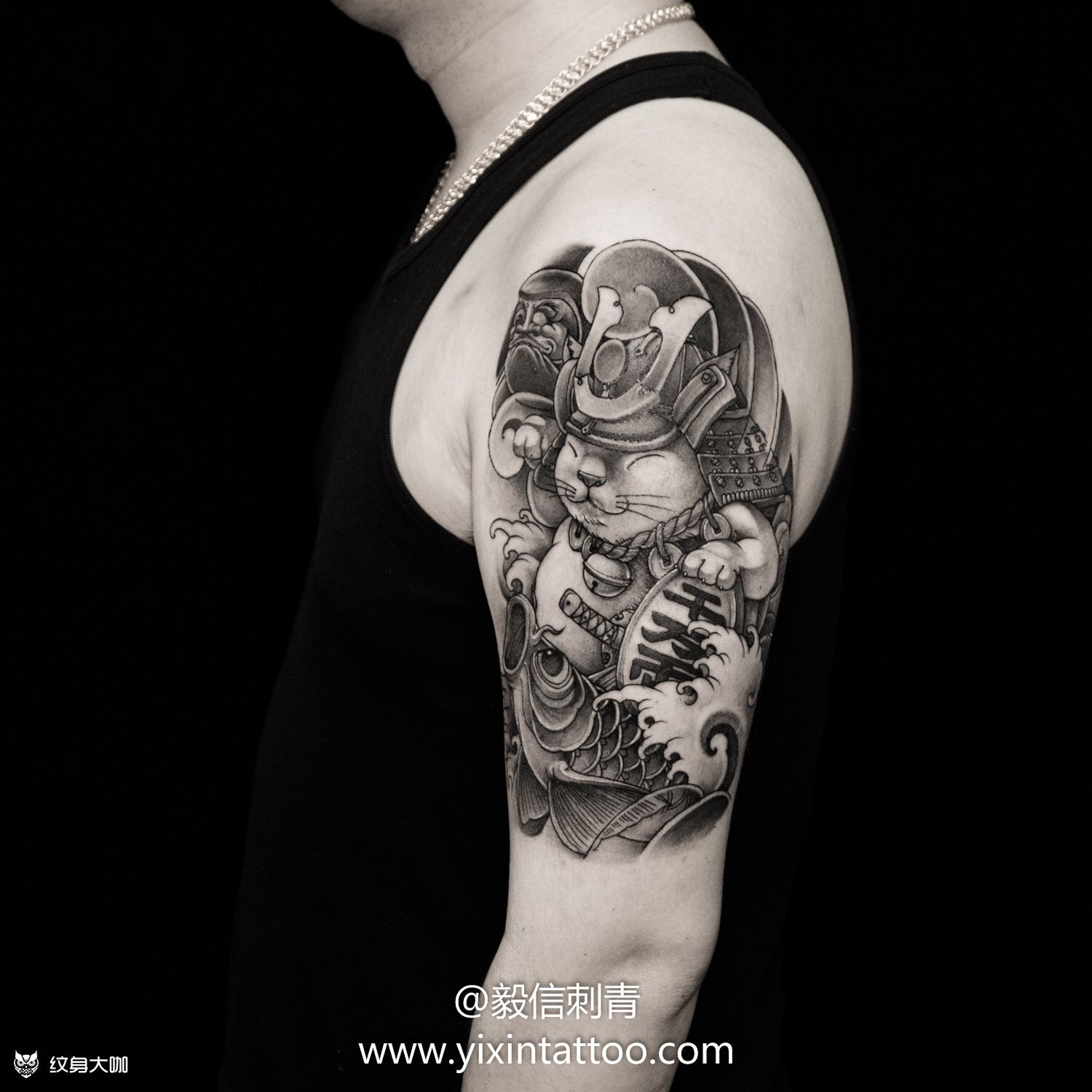 武士招财猫_纹身图案手稿图片_姜毅信的纹身作品集