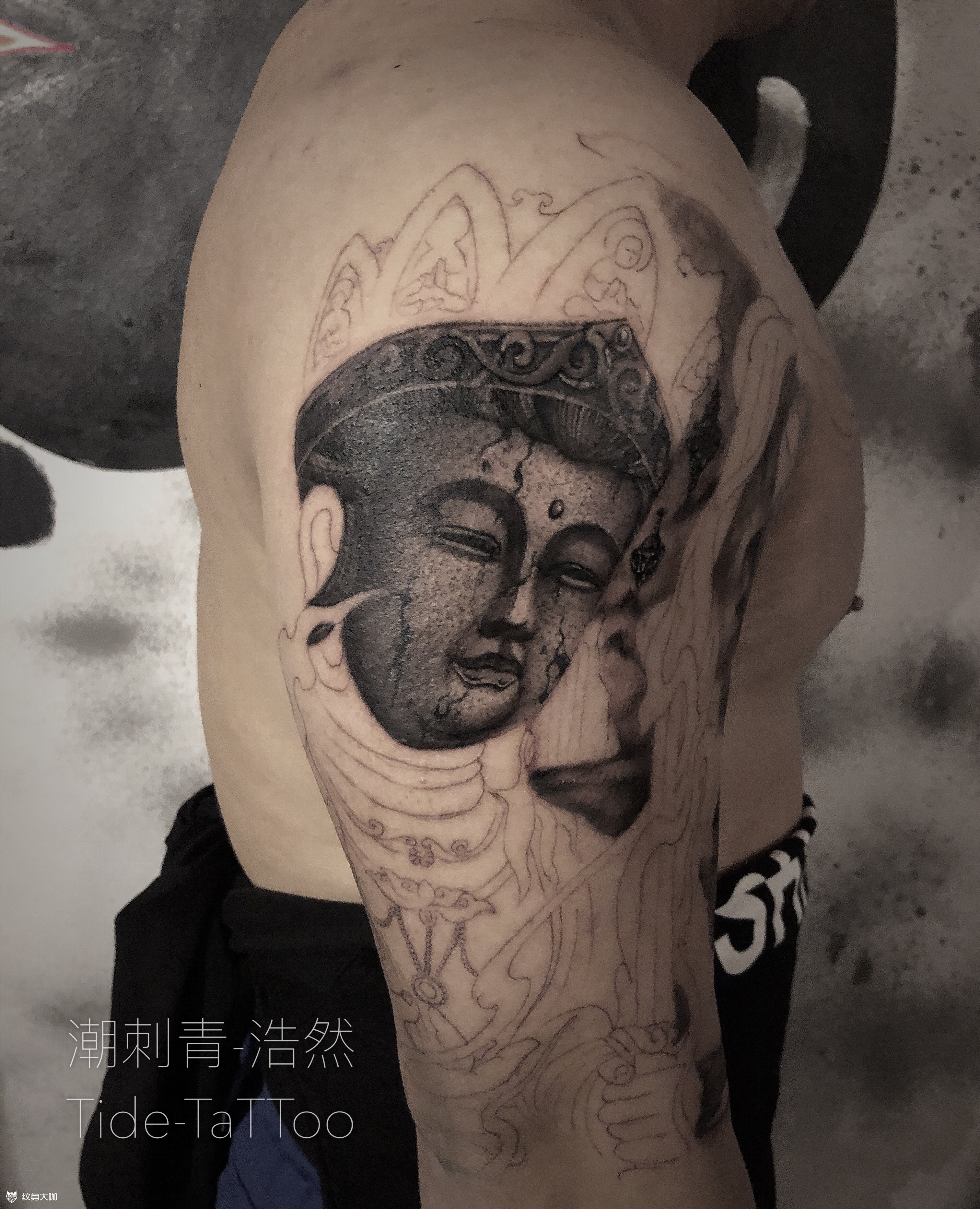 虚空藏菩萨石雕风 待续… _纹身图案手稿图片_潮文身-阿鹏的纹身作品