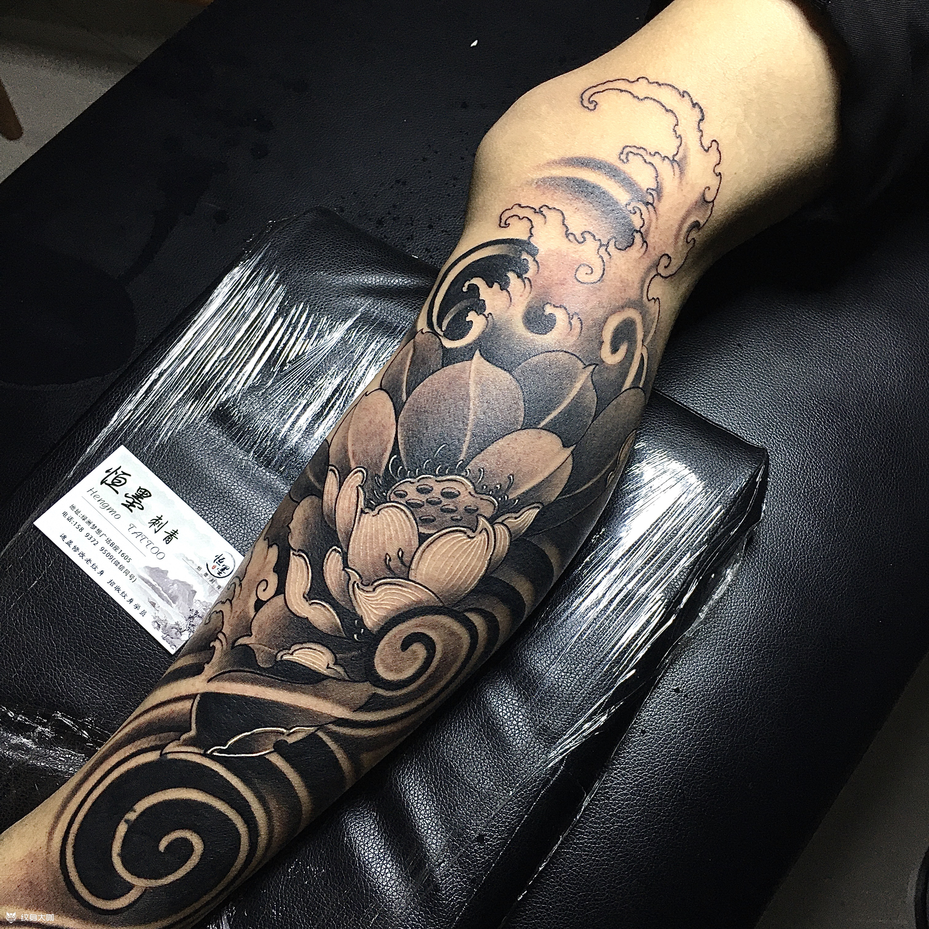 小腿荷花遮盖_纹身图案手稿图片_ 志恒的纹身作品集