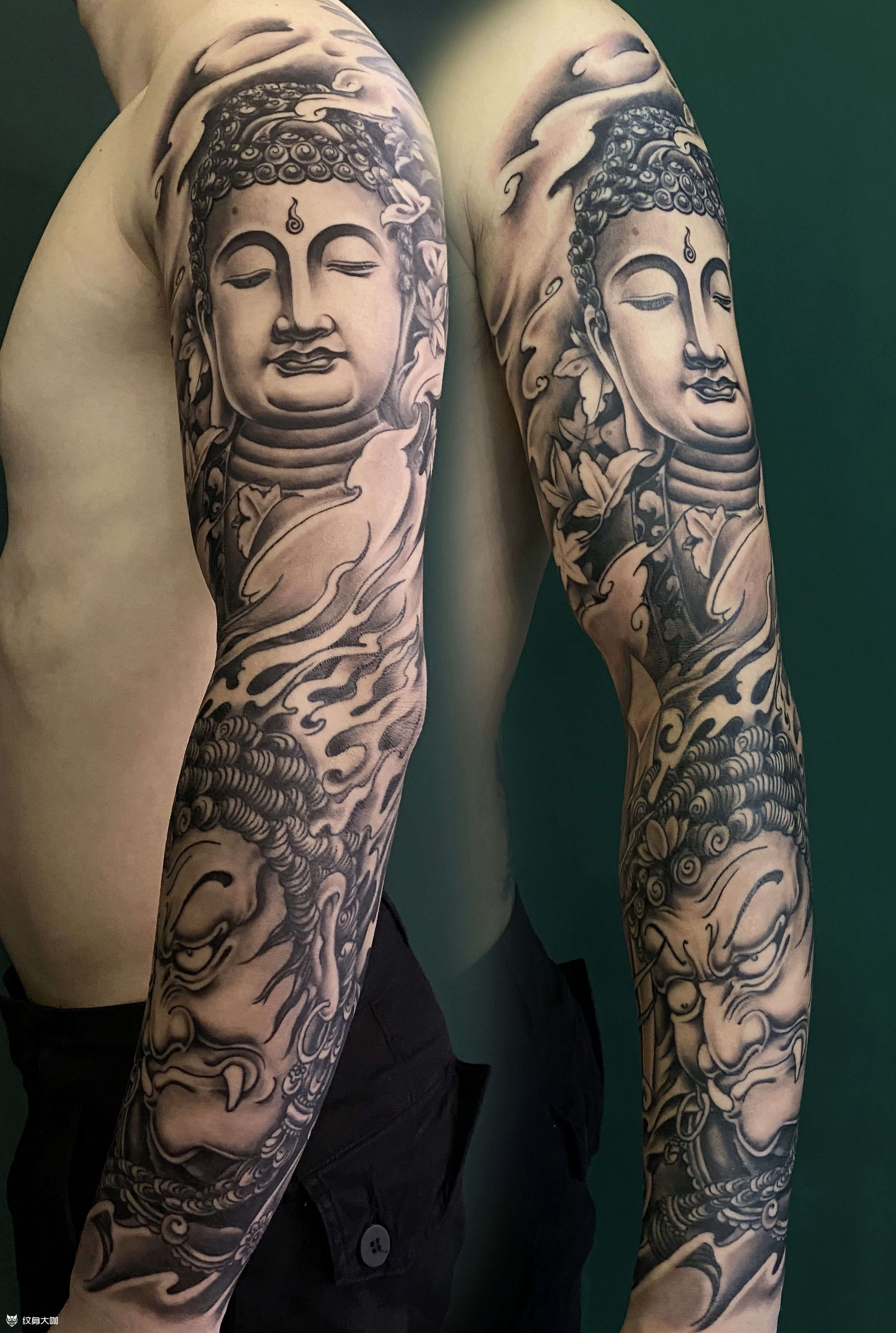 作品简介:客人自己的守护神和他媳妇的守护神,一条非常有意义的花臂