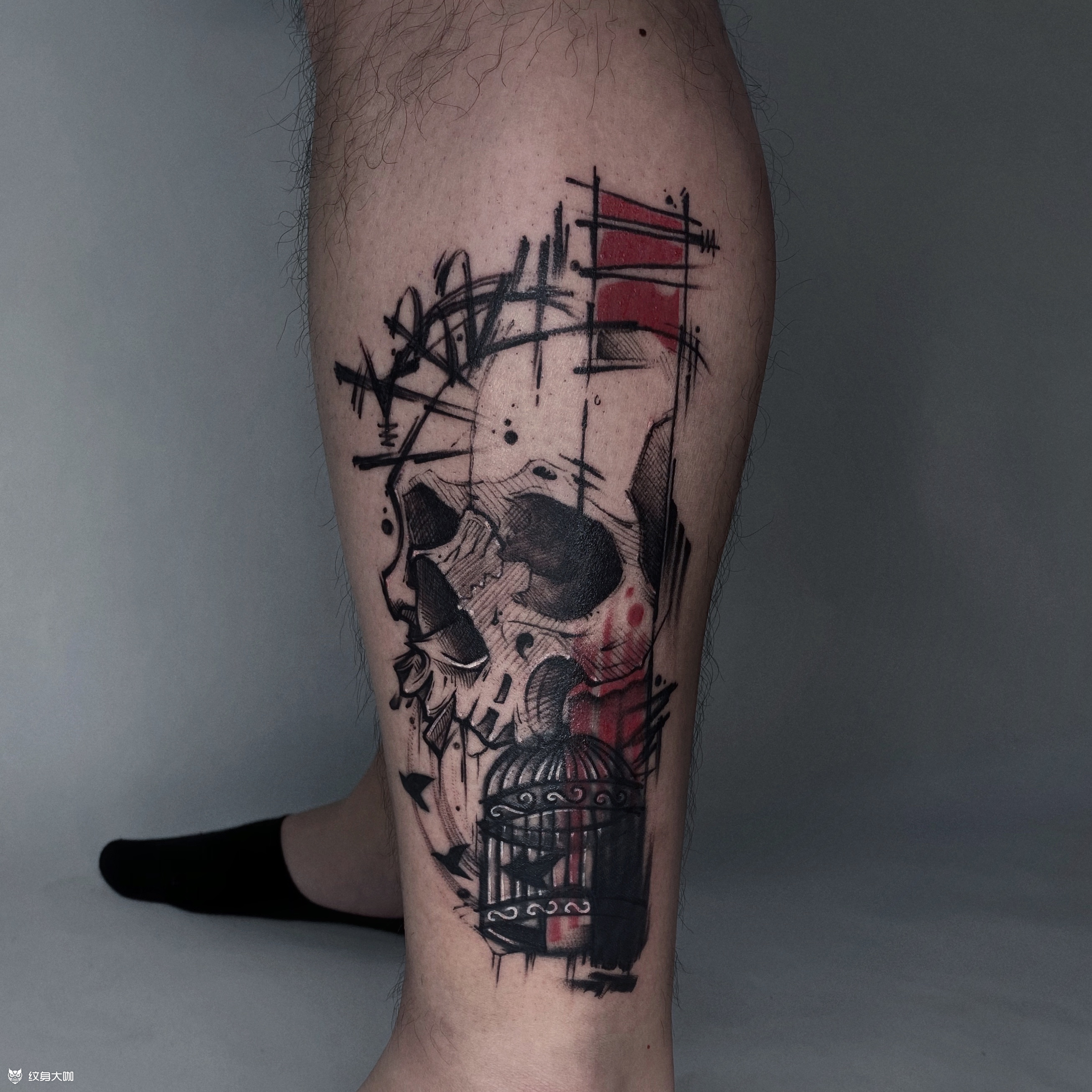 骷髅小腿_纹身图案手稿图片_周一方的纹身作品集