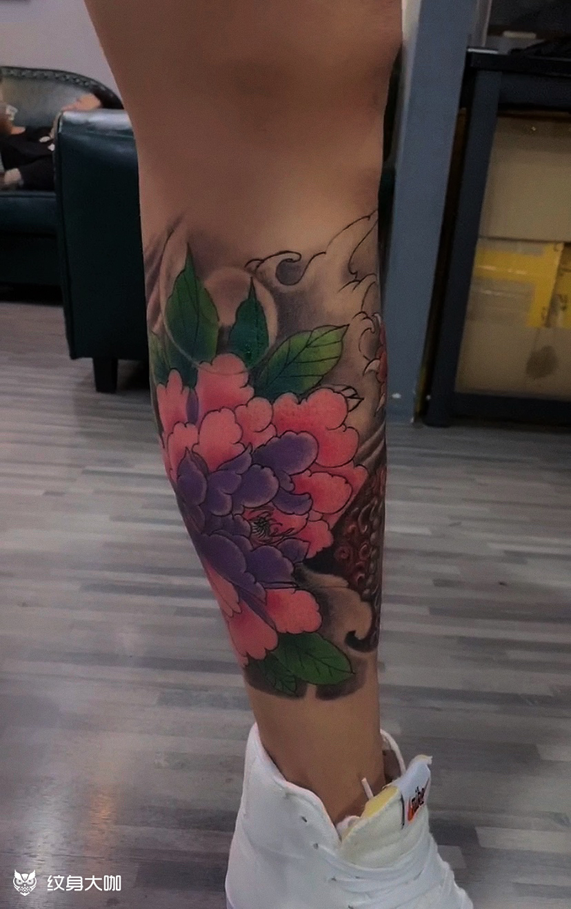 小腿牡丹_纹身图案手稿图片_李峰的纹身作品集