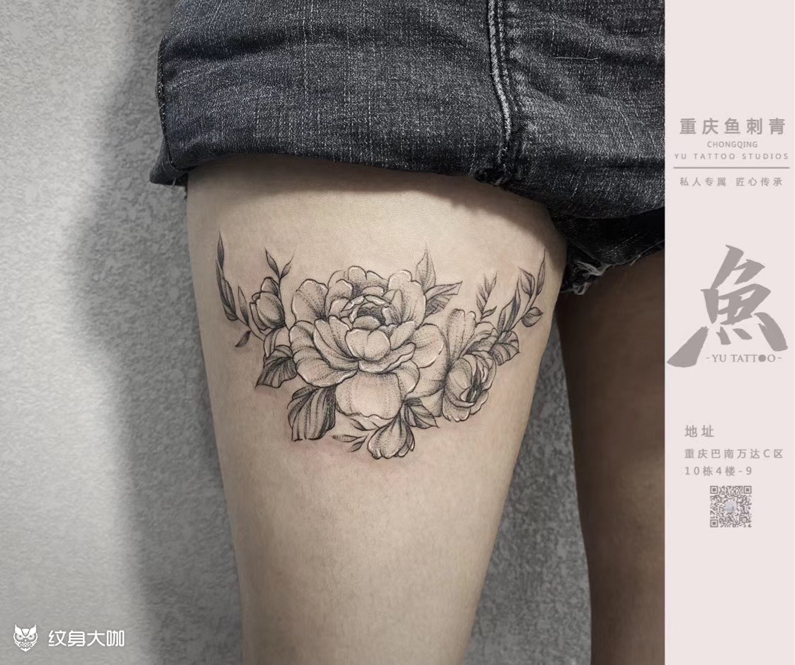 大腿素花_纹身图案手稿图片_胡小鱼的纹身作品集
