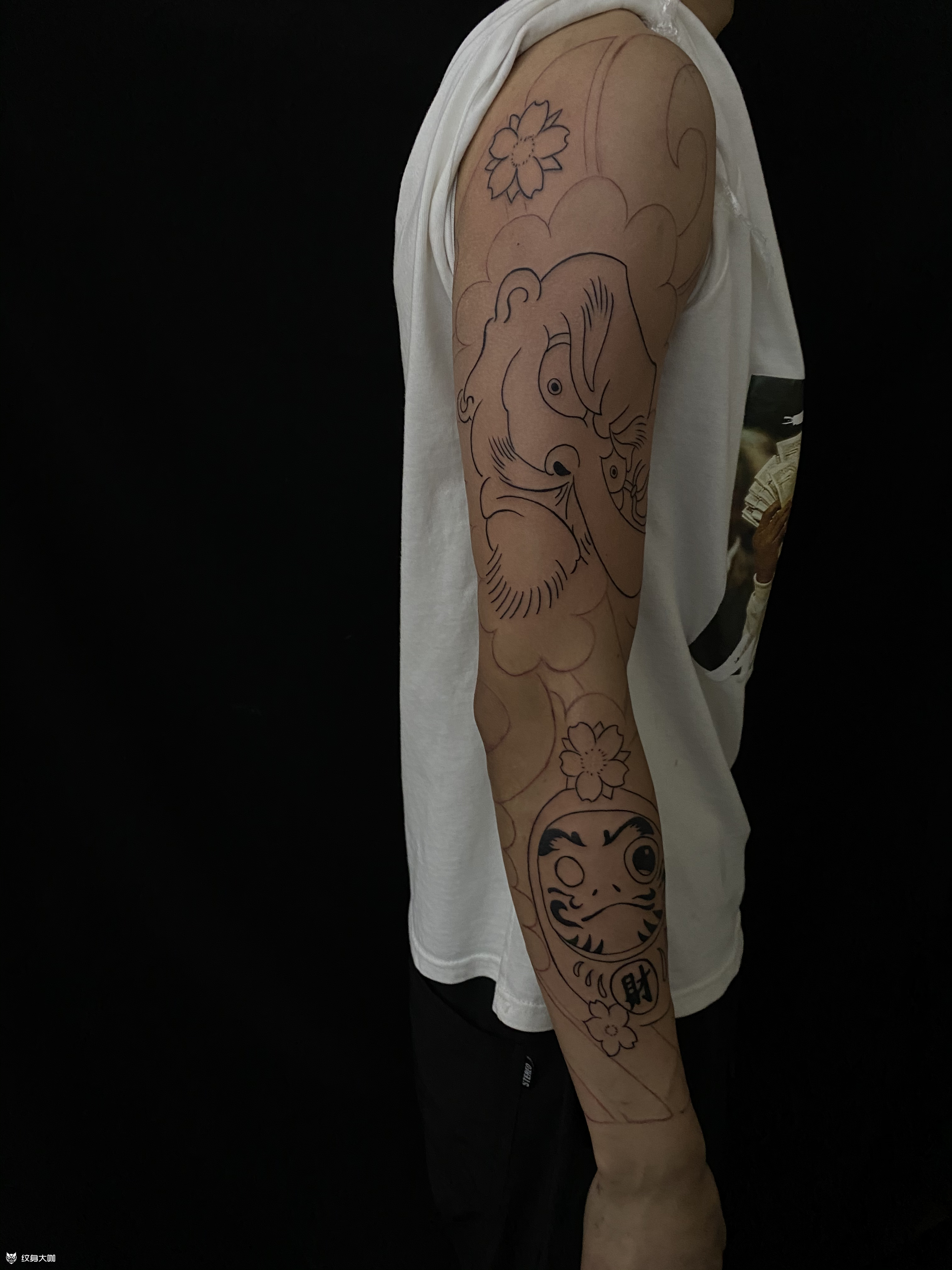 达摩蛋天狗花臂原创设计老传统_纹身吧社区 - 纹身大咖