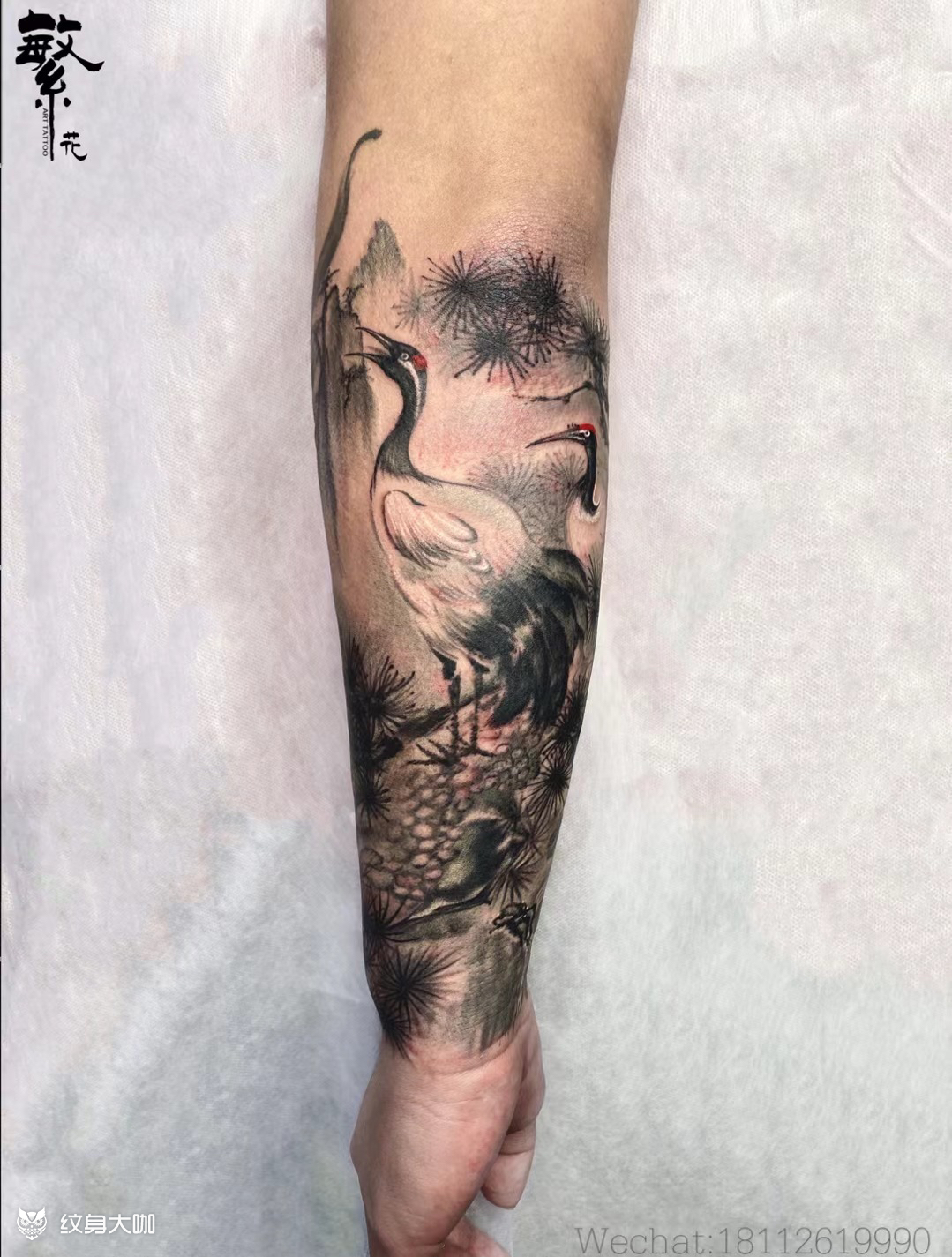 传统包小臂〔松鹤〕_纹身图案手稿图片_繁花·tattoo ·飞虎的纹身