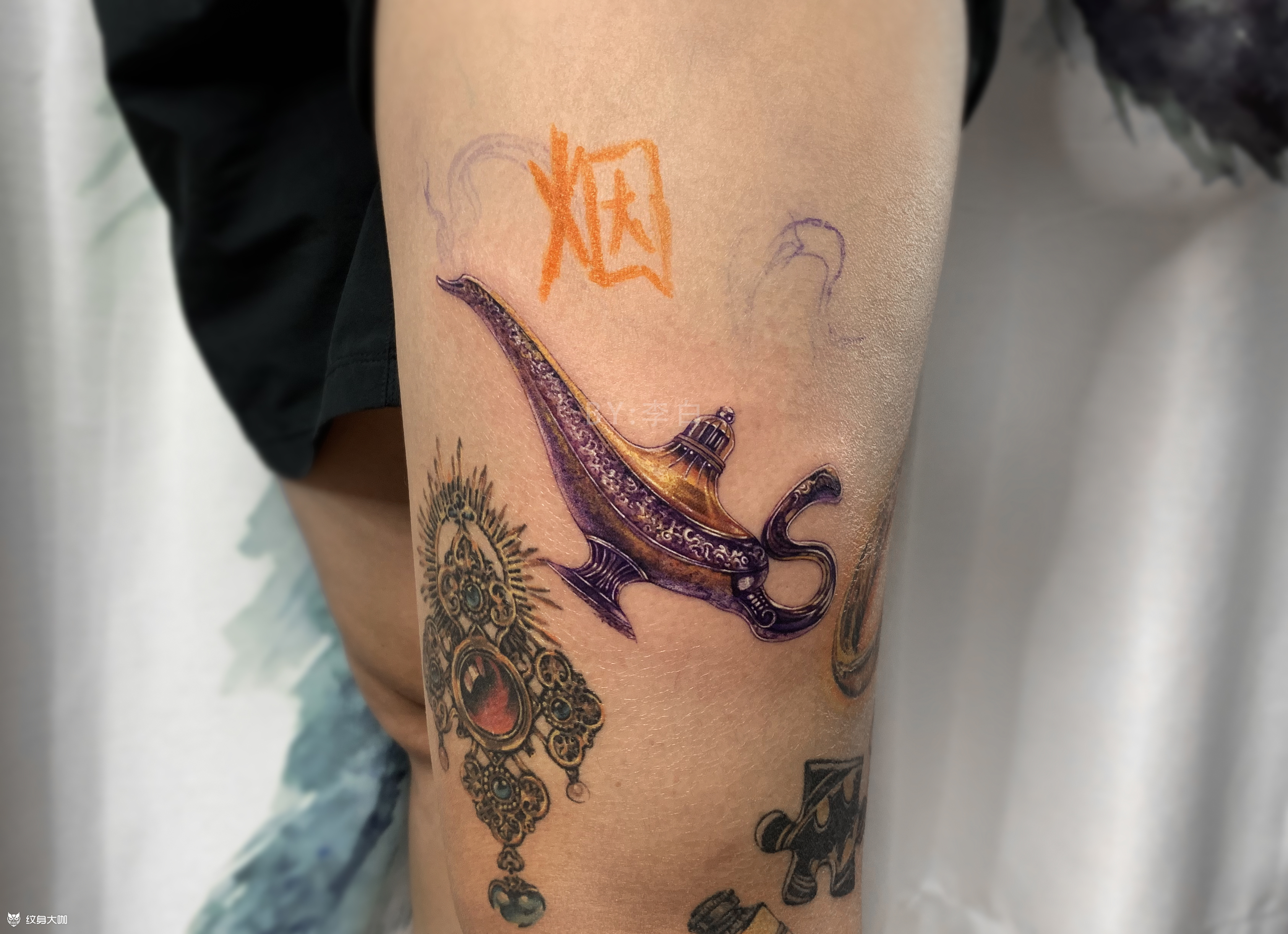 欧美彩色阿拉丁神灯_纹身图案手稿图片_李白的纹身作品集