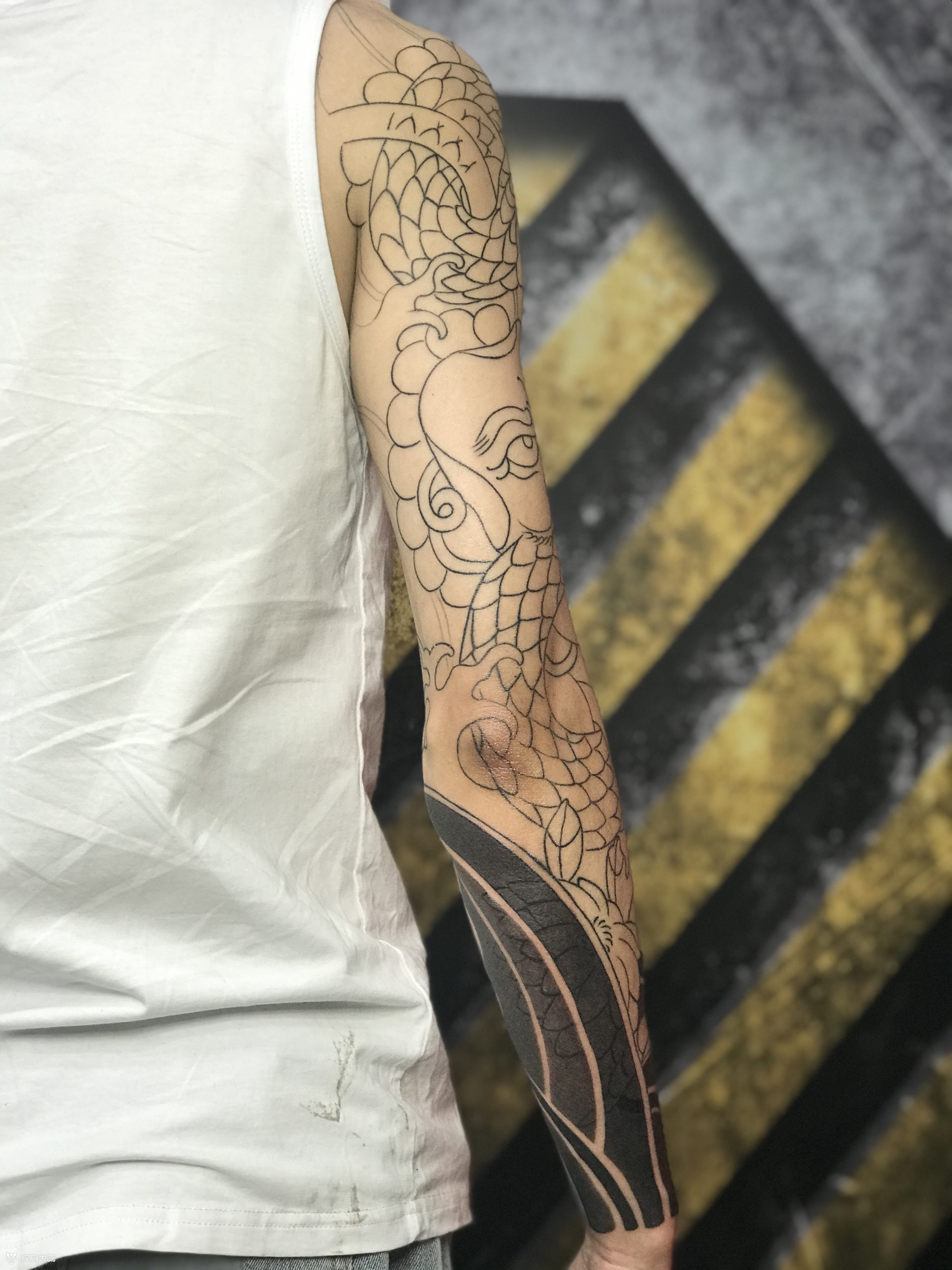 日式老传统花臂天狗蛇_纹身图案手稿图片_许建的纹身作品集