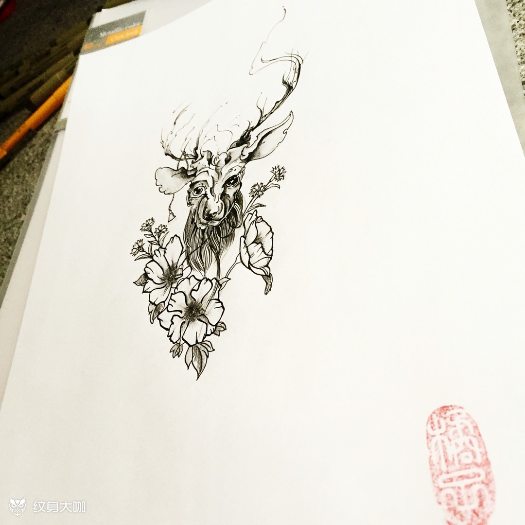 鹿_纹身图案手稿图片_吴越婵的纹身作品集