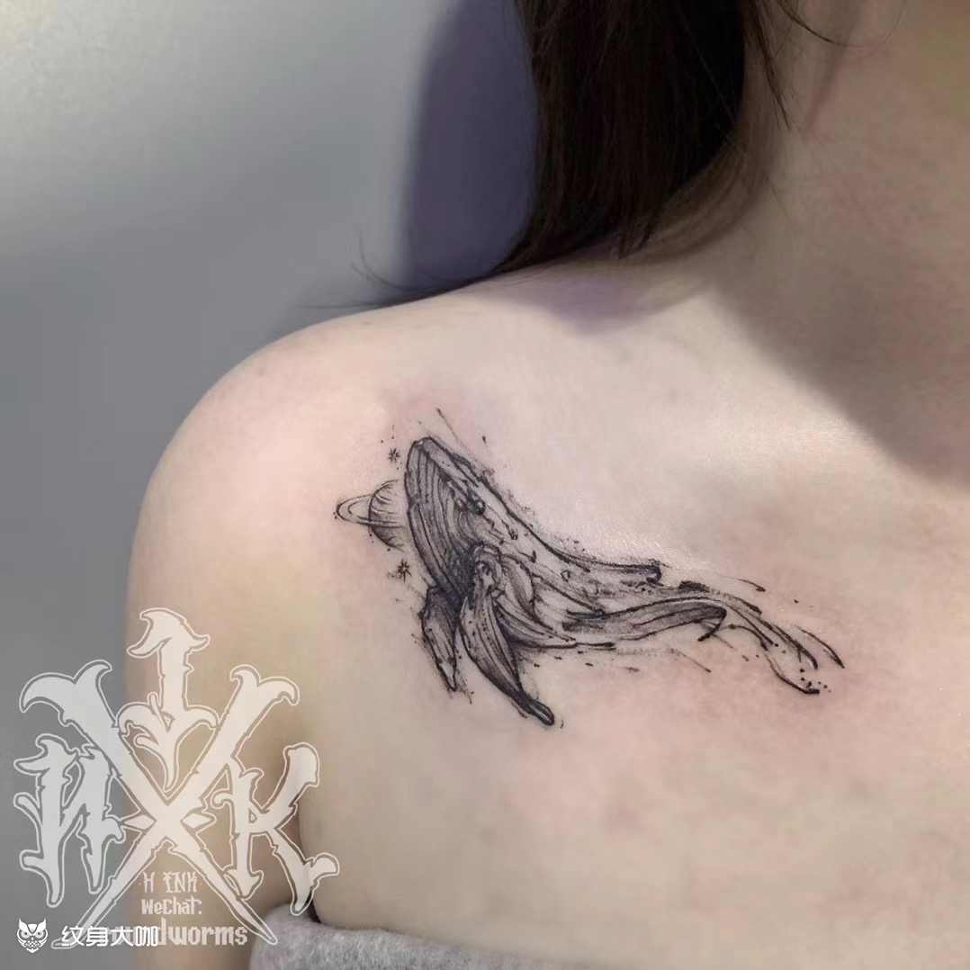 小清新 点线 鲸鱼 星球 锁骨_纹身图案手稿图片_analfissure的纹身