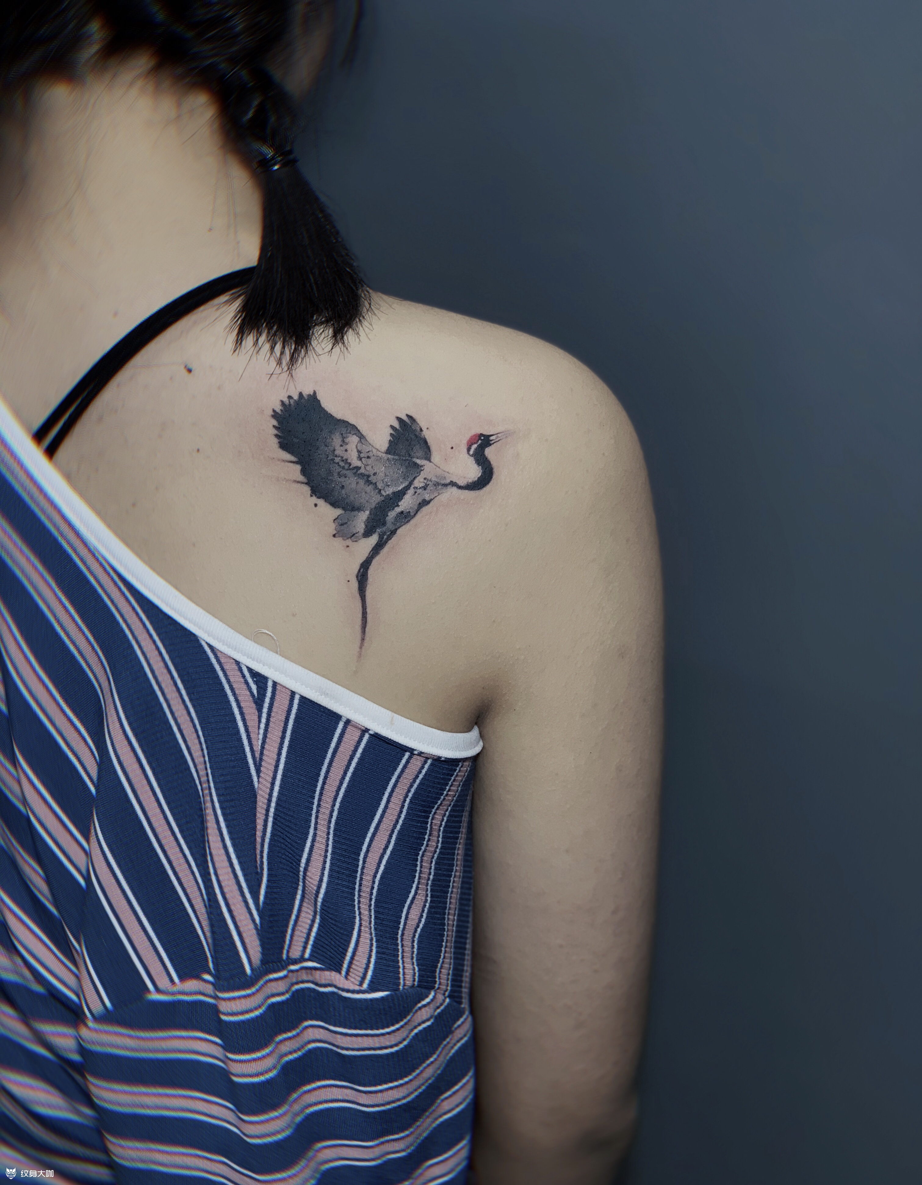 水墨仙鹤纹身后背