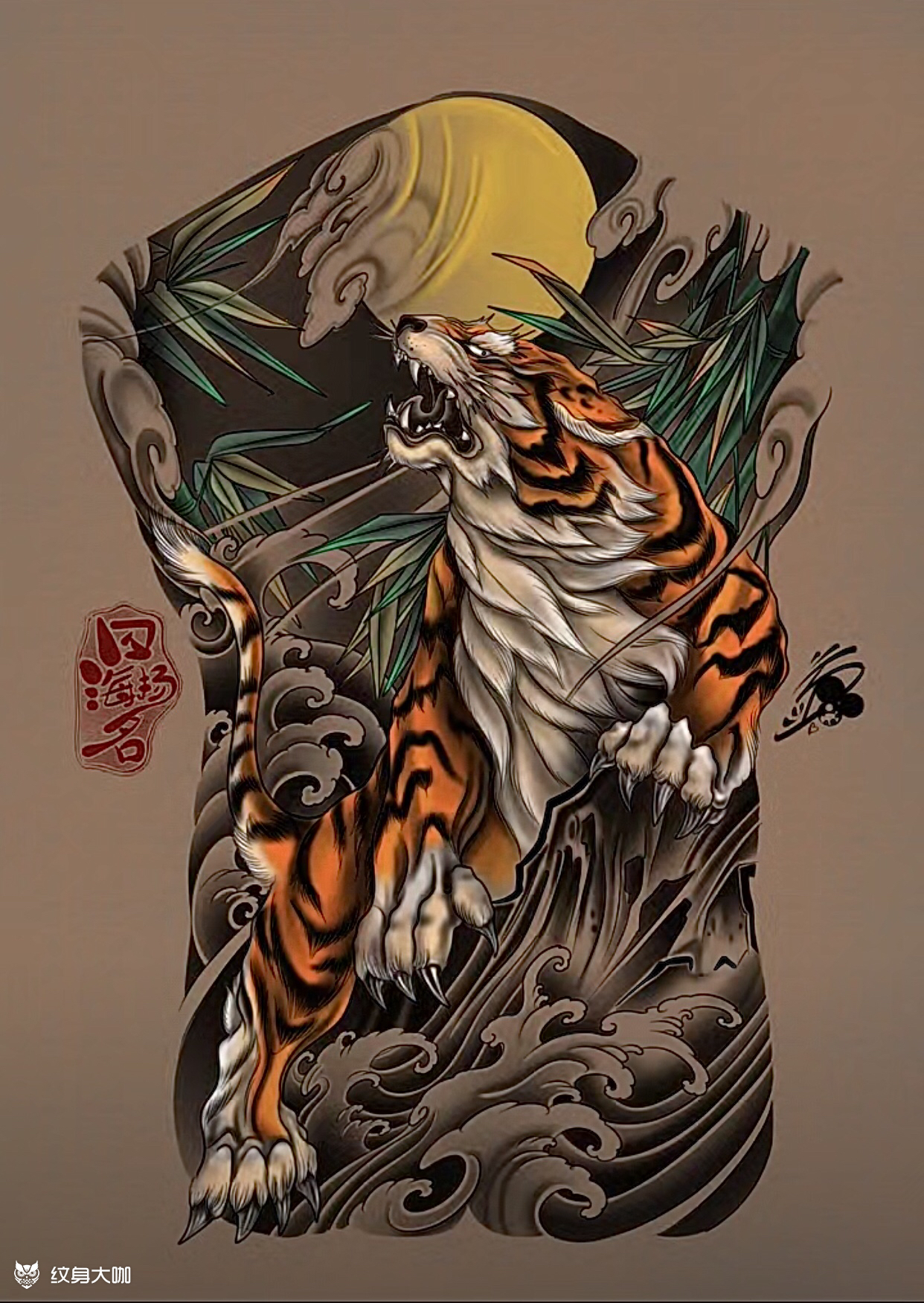 虎头满背纹身图片