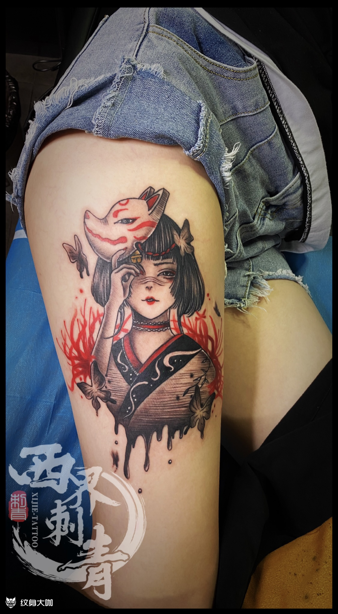 大腿狐面艺妓彼岸花_纹身图案手稿图片_燕郊西界的纹身作品集
