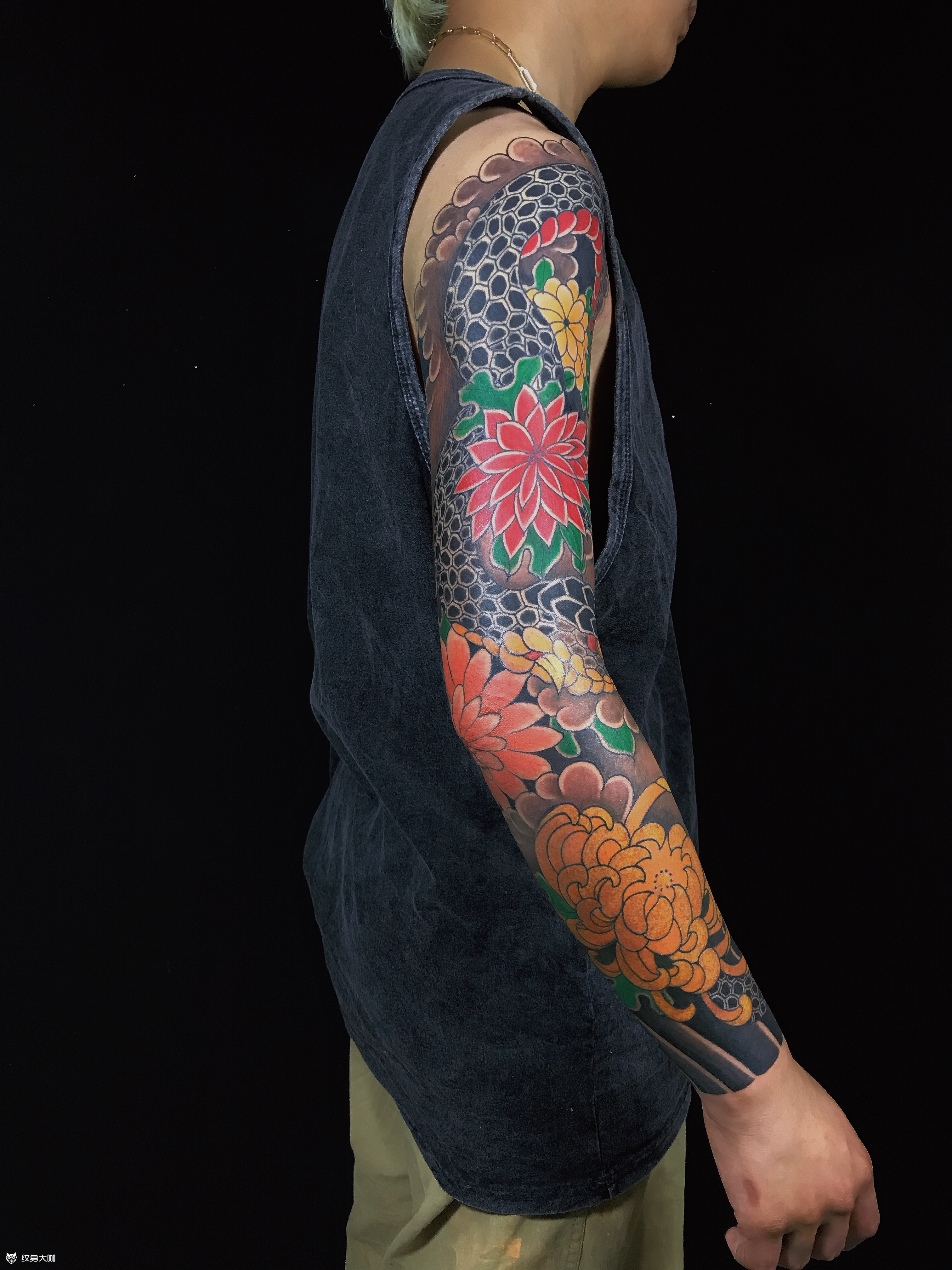 大蛇菊花花臂_纹身图案手稿图片_朱景山的纹身作品集