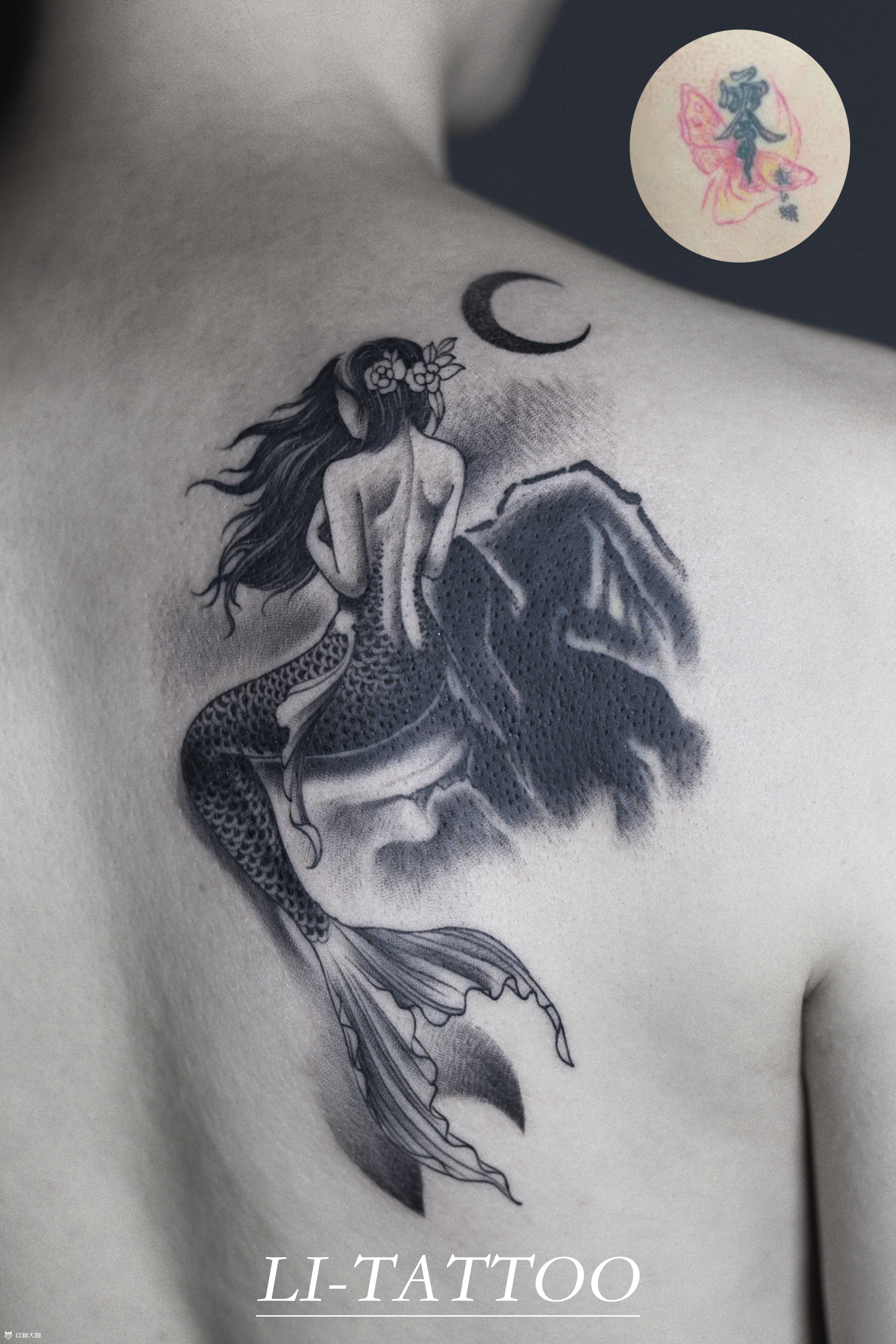 美人鱼纹身图案黑白图片