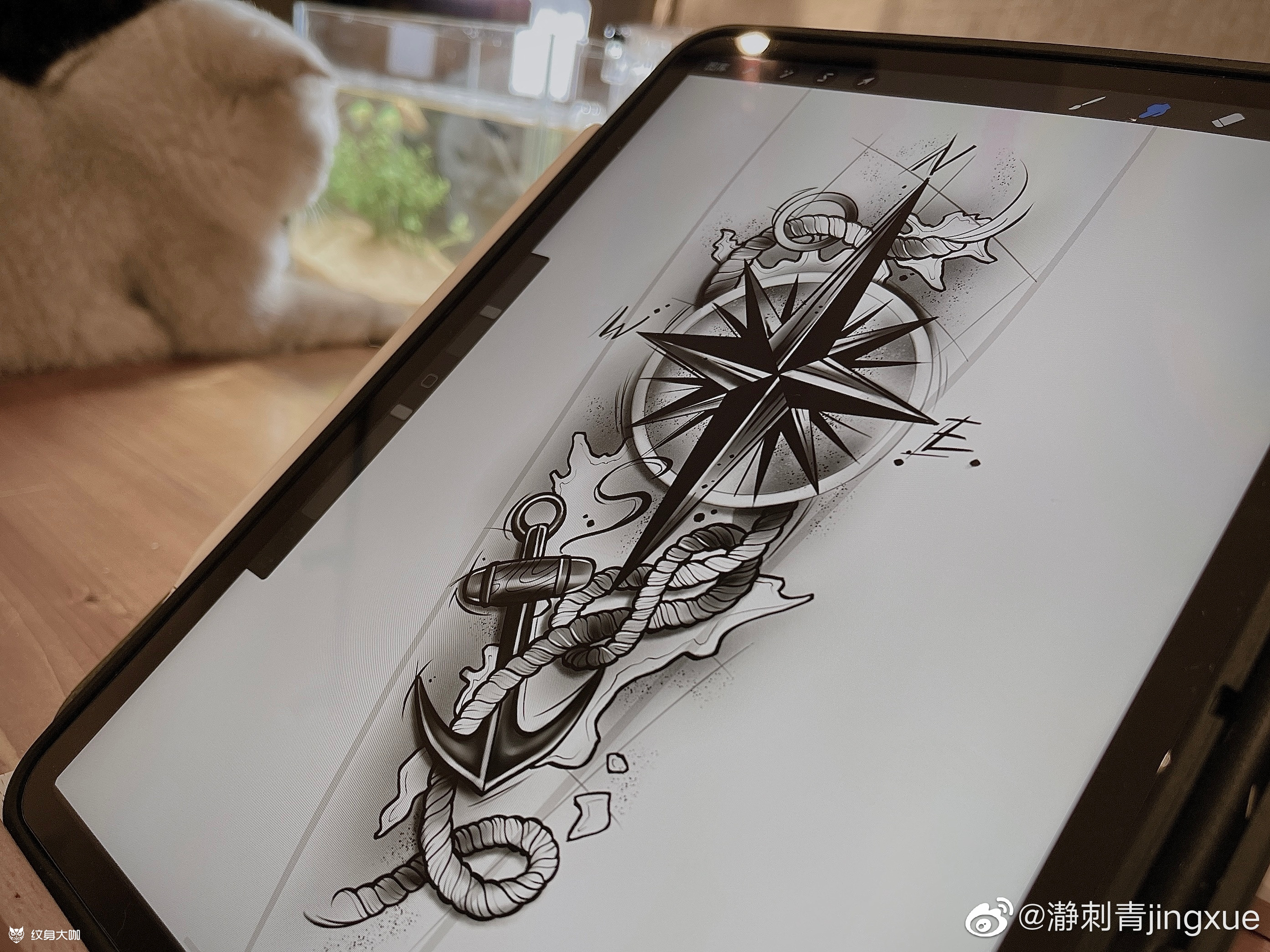 手臂指南针船锚地图航海元素遮盖字母设计简介:文身师 文身设计师