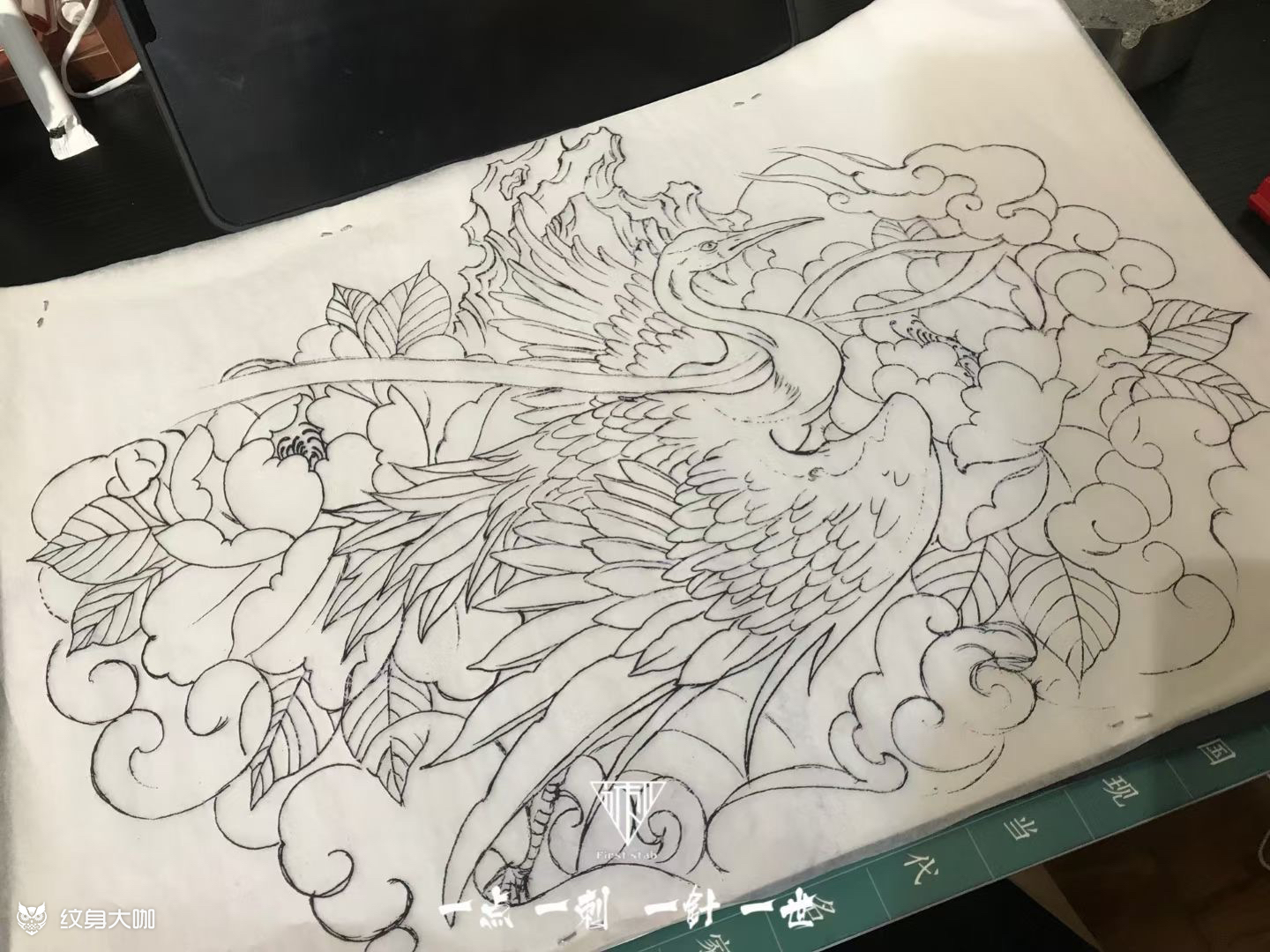 鹤与牡丹_纹身图案手稿图片_刘绯的纹身作品集