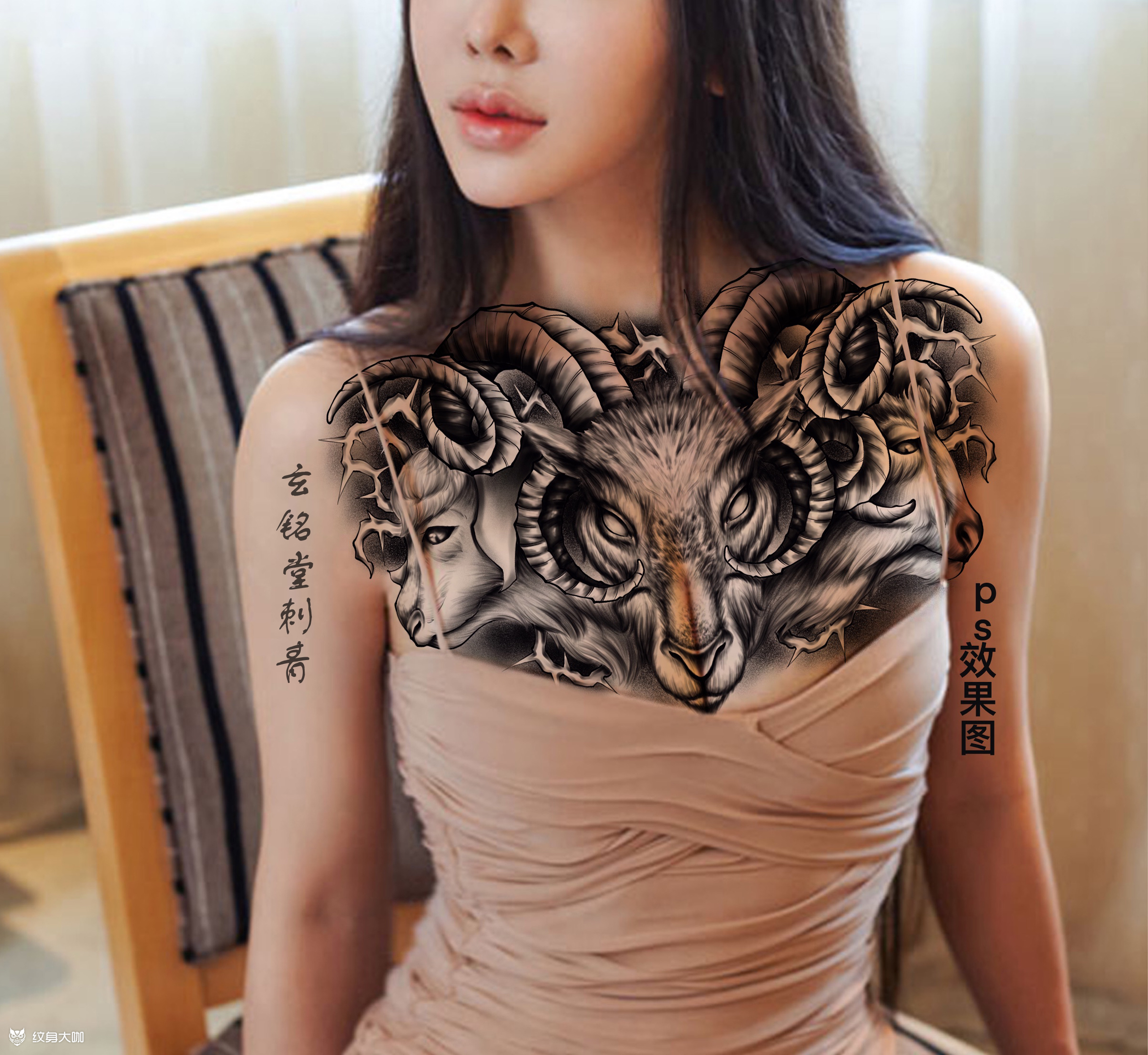 原创设计手稿花胸羊头